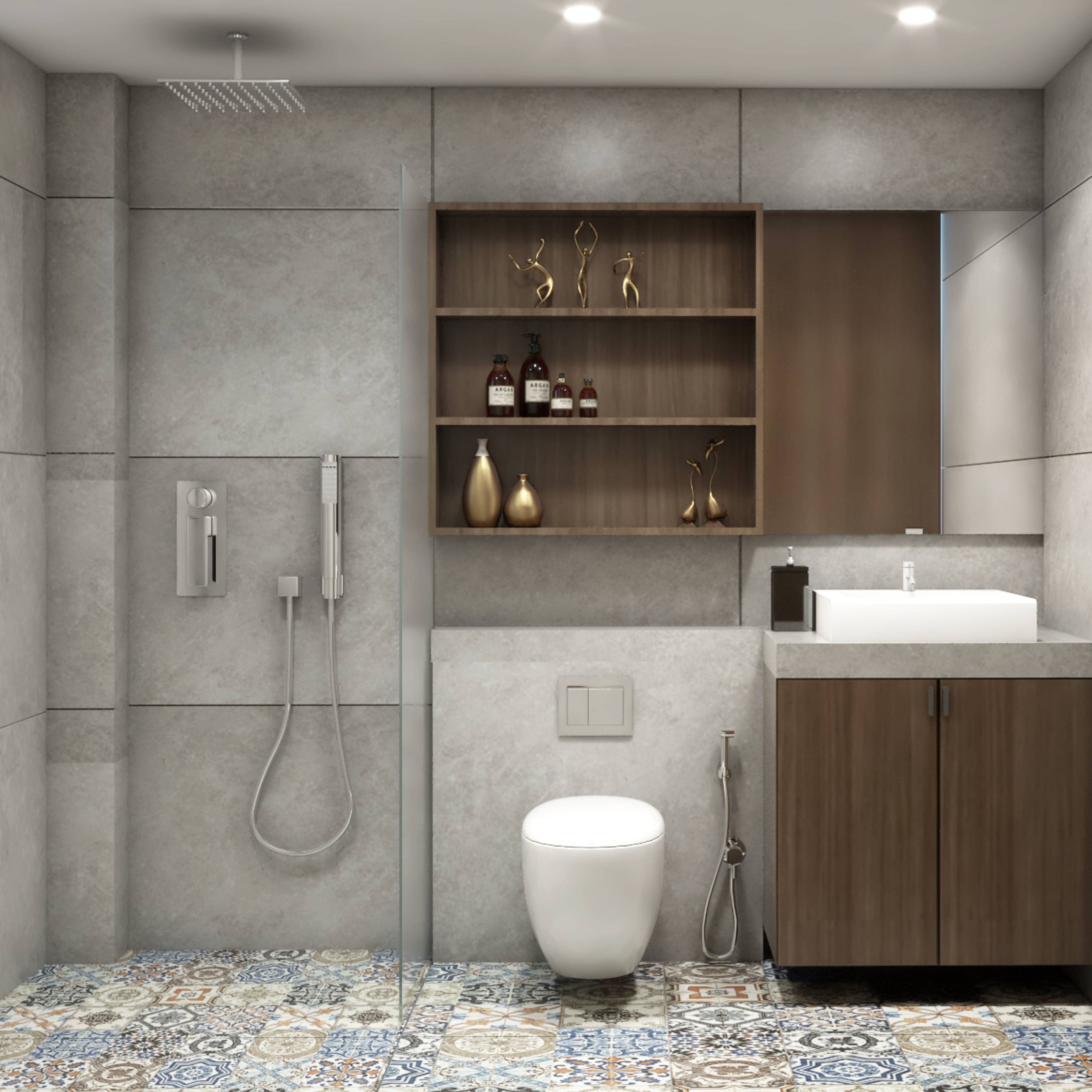 Modern Bathroom Design With Grey And Wooden Textures