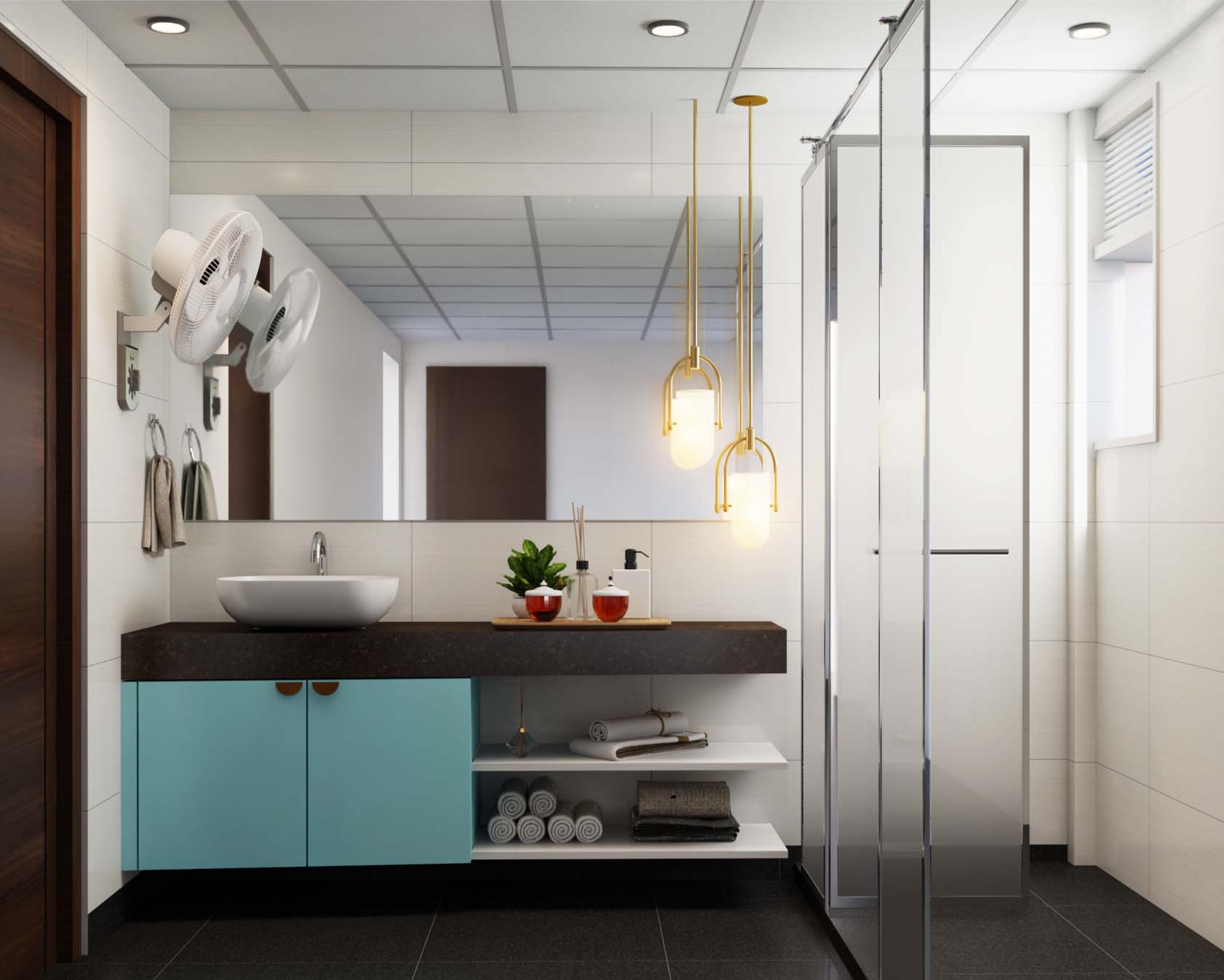 Contemporary Bathroom Design With White Wall Tiles And Black Flooring