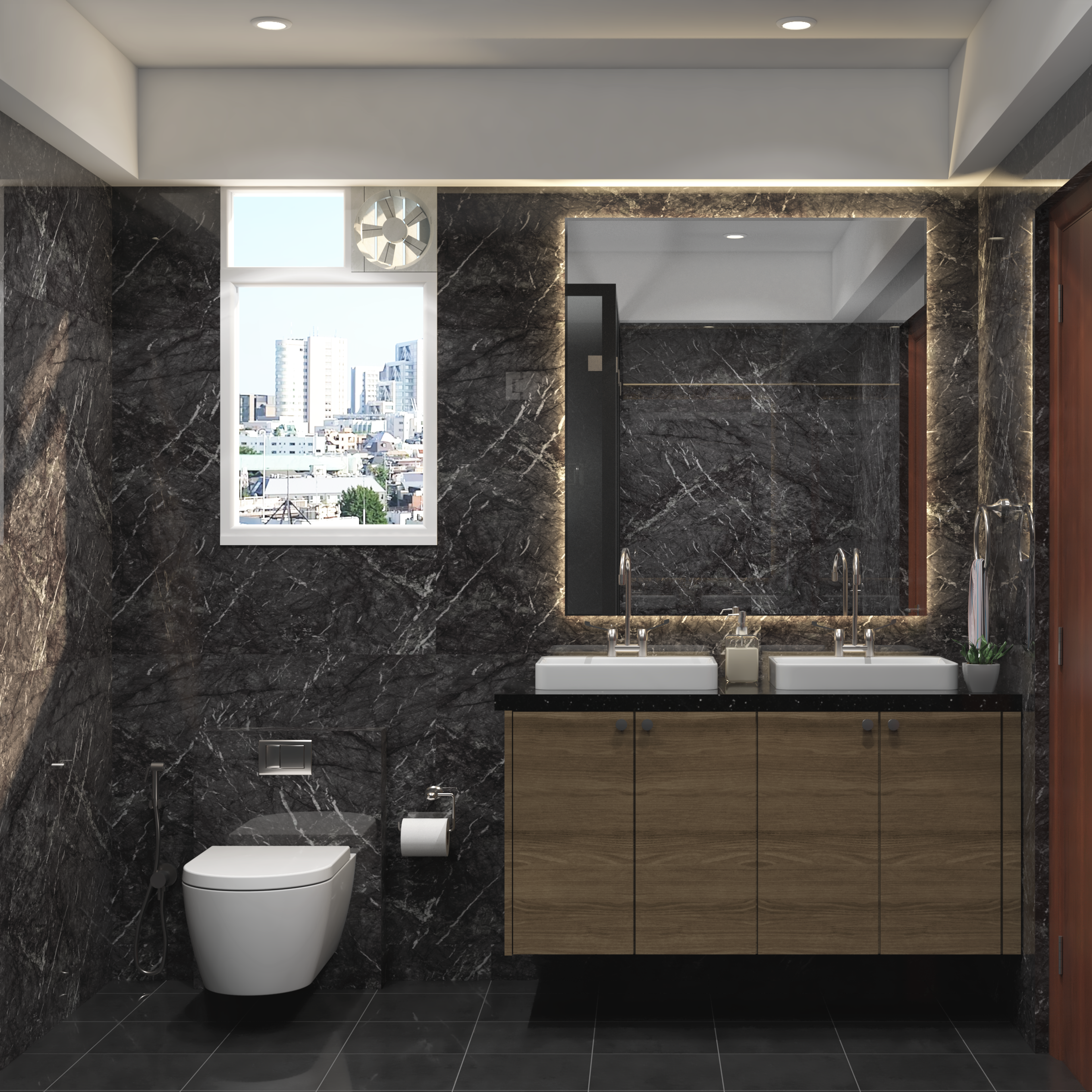 Modern Bathroom Design With Dark Black Tiles And Large Mirror