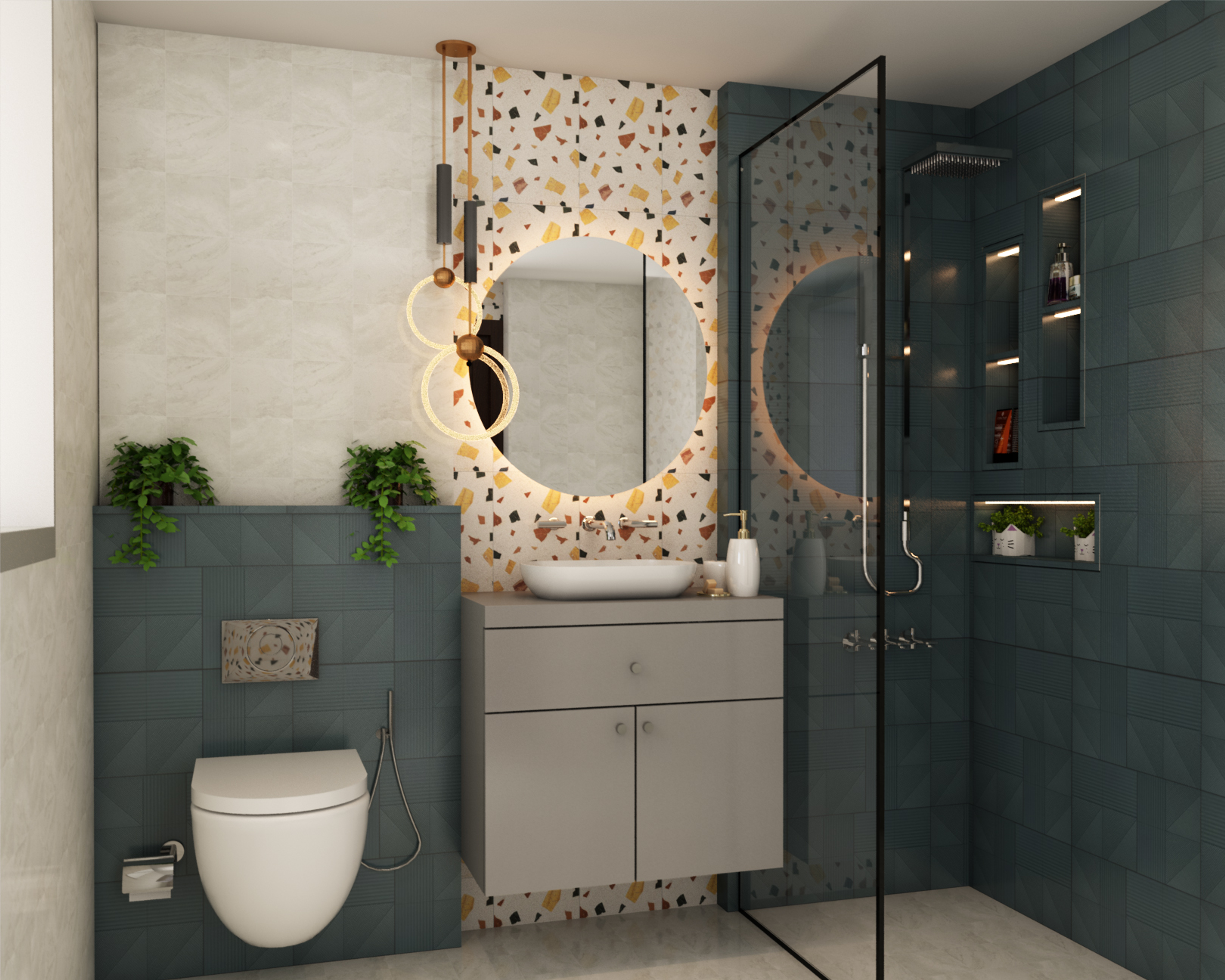 Transitional Green Bathroom Design With Golden Fixtures