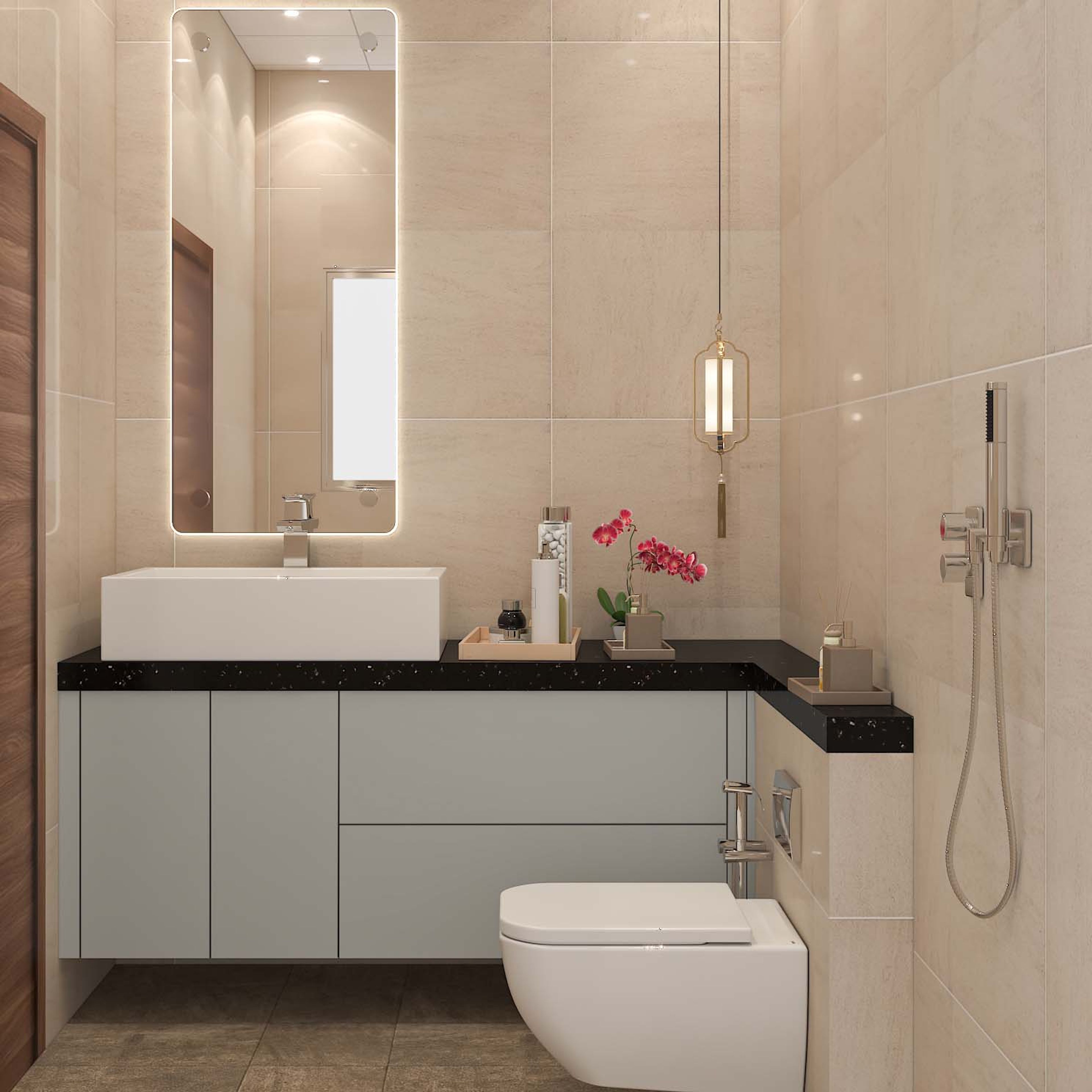 Modern Bathroom Design With Rectangular Backlit Mirror
