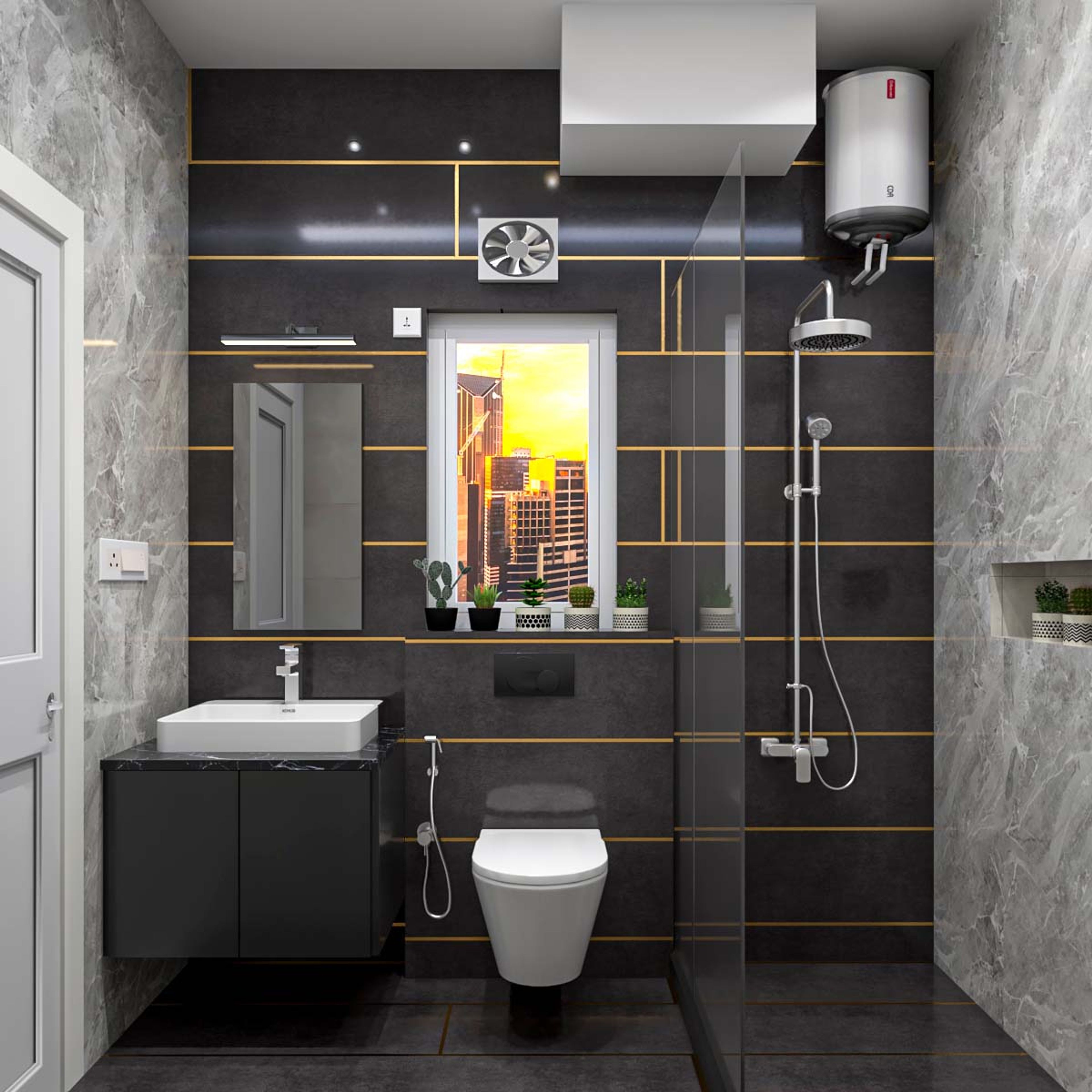 Rustic Bathroom Design With Grey Tiles