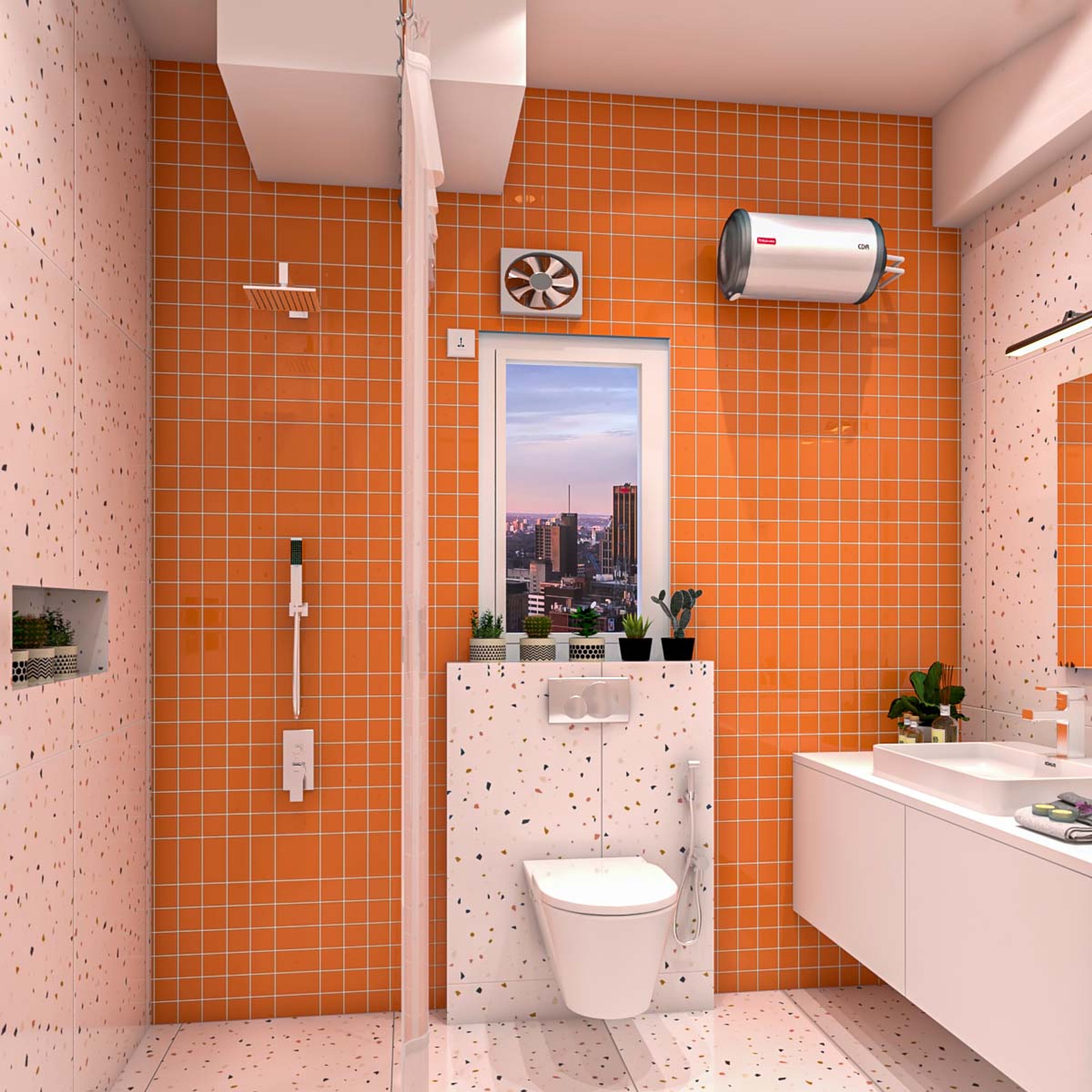 Contemporary Bathroom Design With Orange Tiles