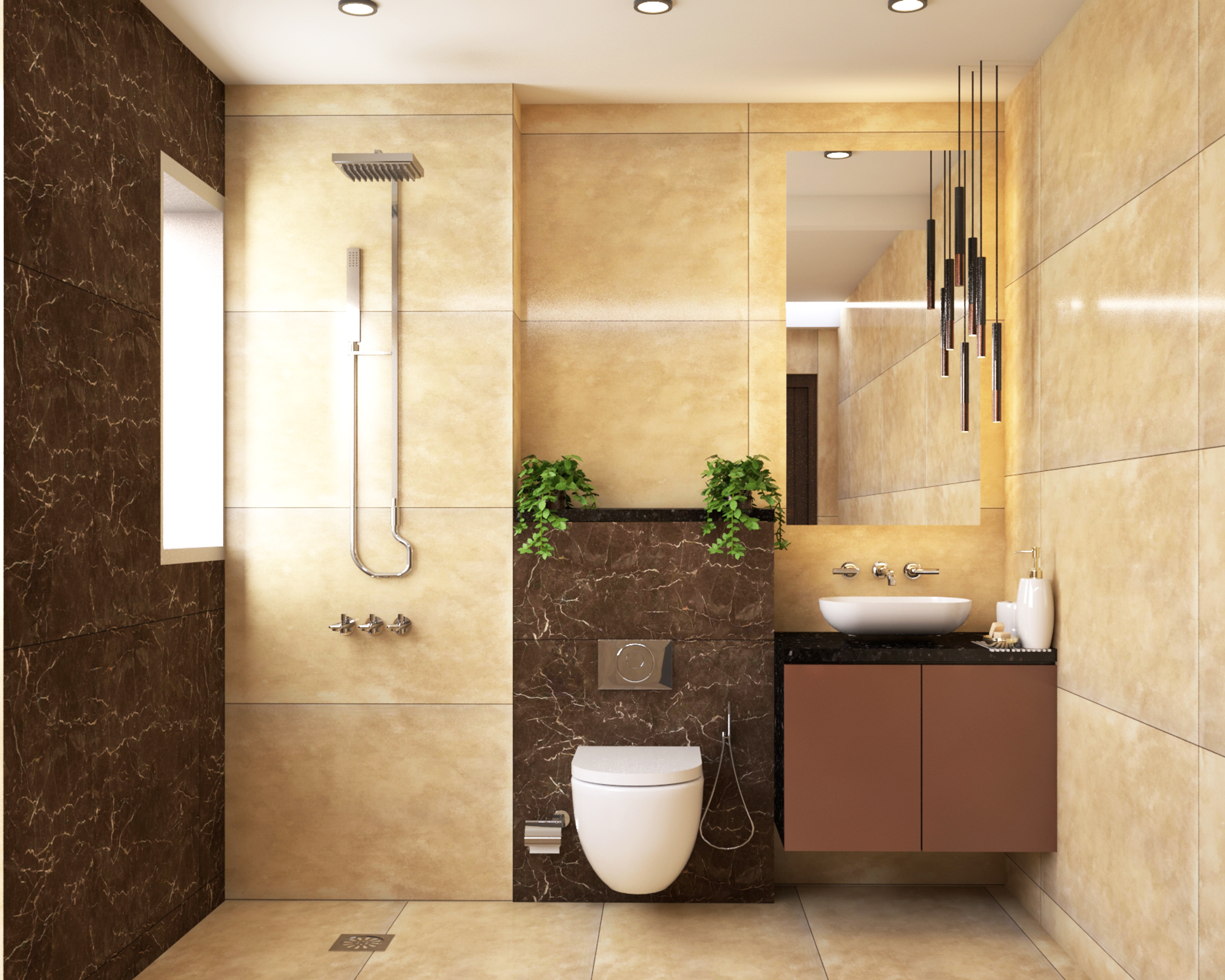 Compact Two-Toned Bathroom Design In Brown