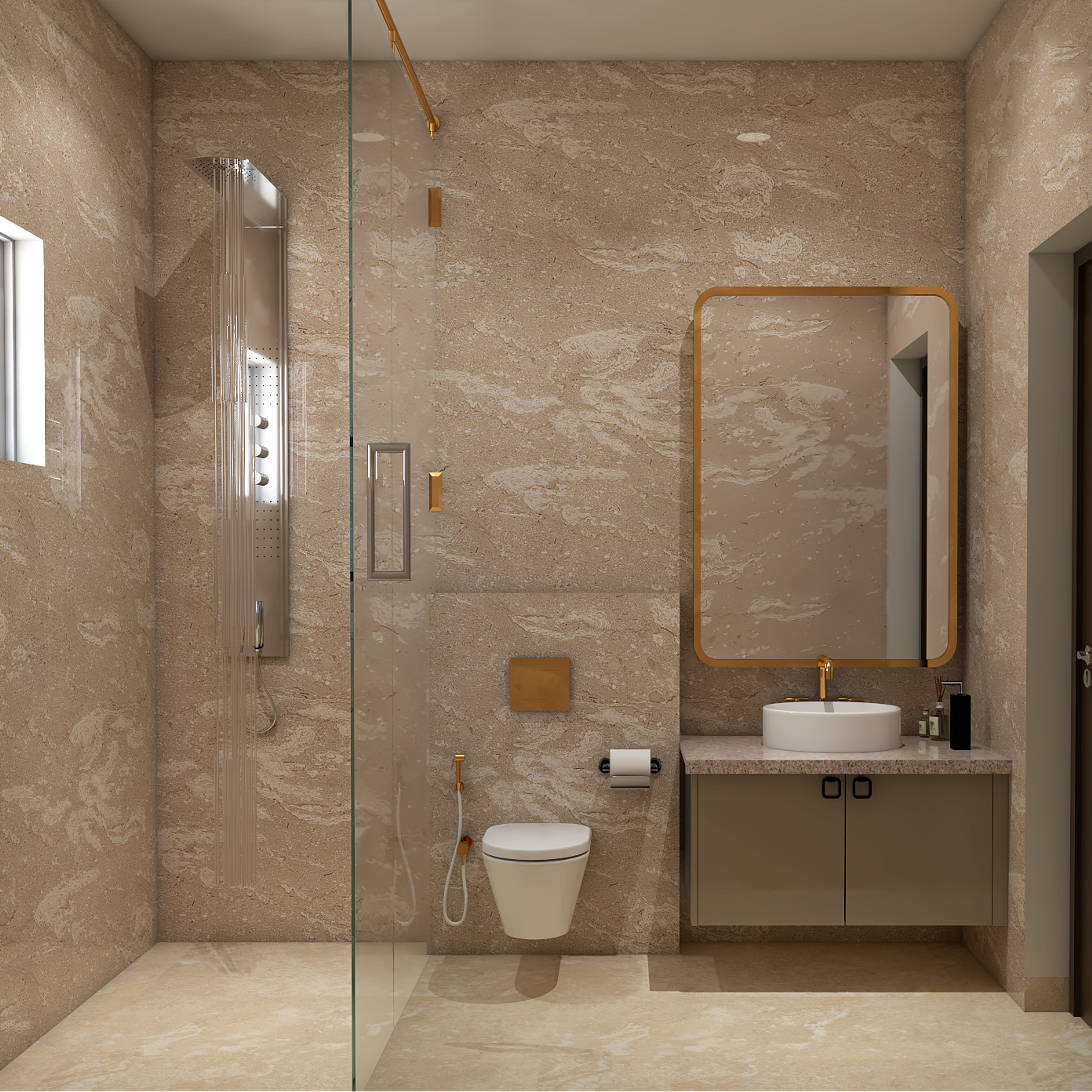 Spacious Convenient Contemporary Style Bathroom Design In Brown