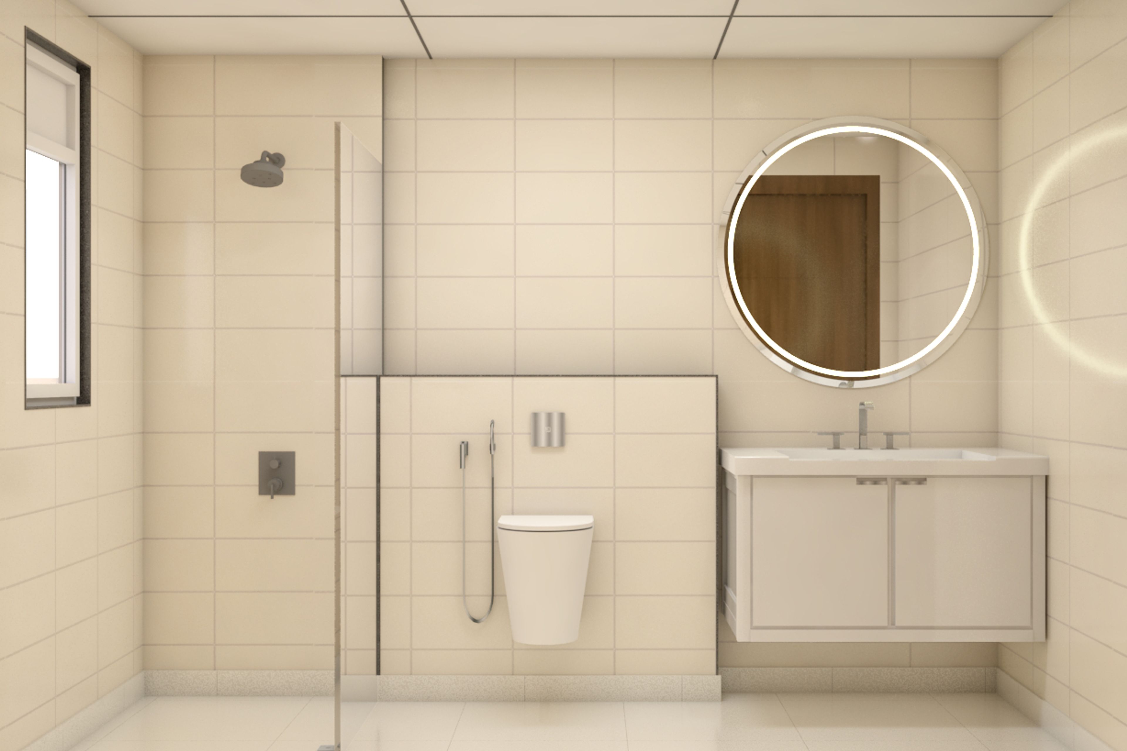 Modern Bathroom Design With Neutral Tiles And Self-Emissive Mirror