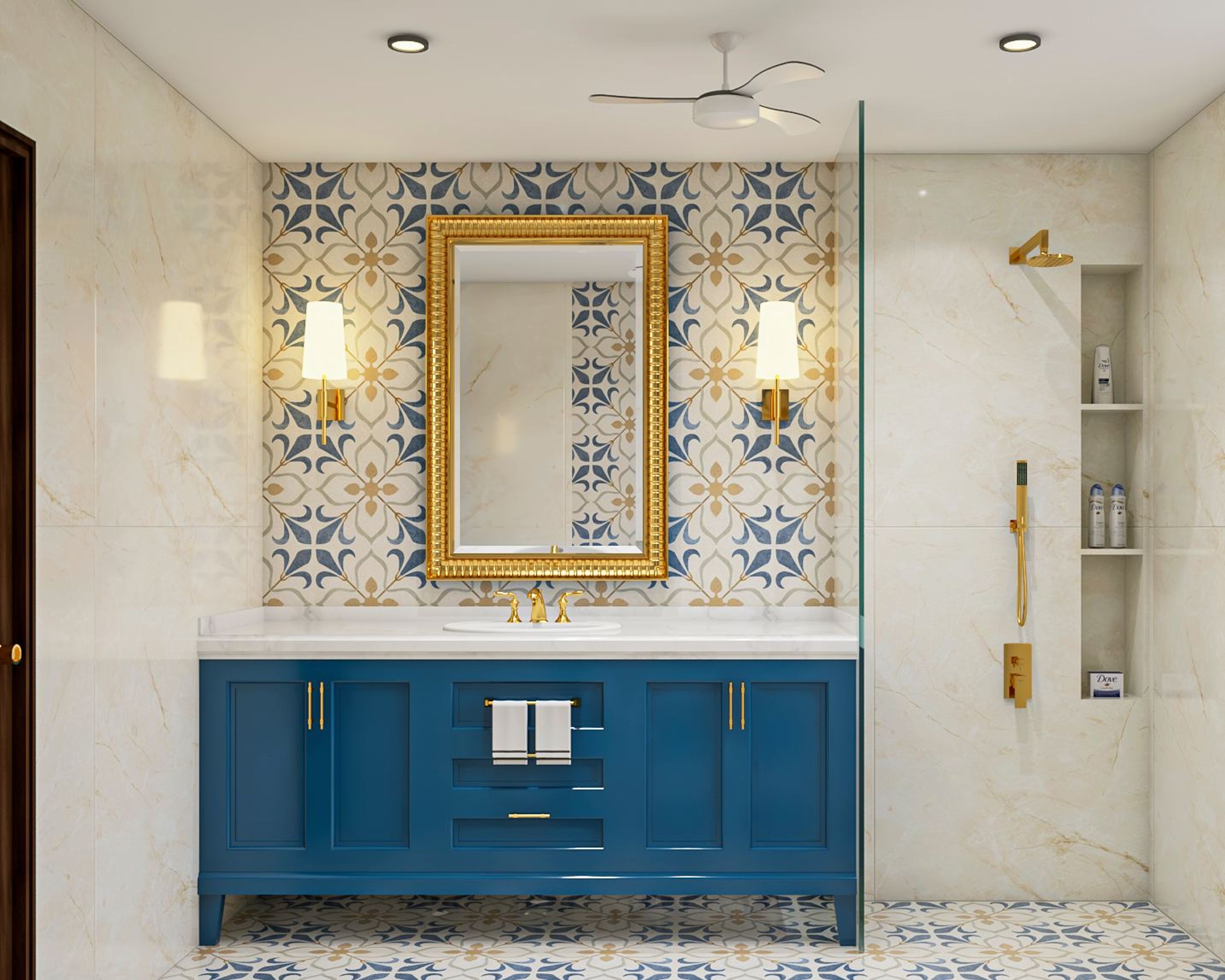 Classic Styled Spacious Bathroom Design With Blue Vanity Unit