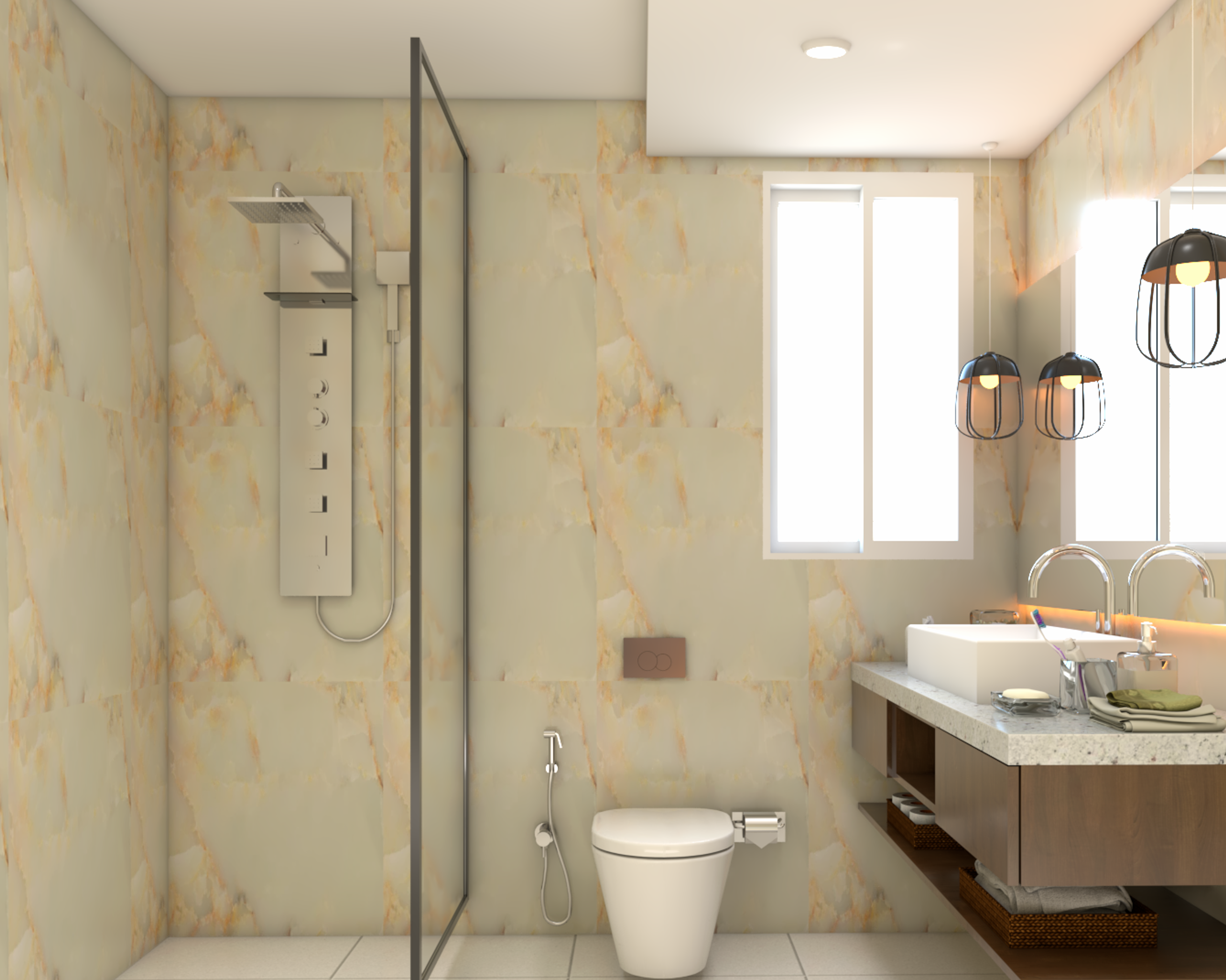 Modern Bathroom Design With White Marblesplash Walls And Partition Unit