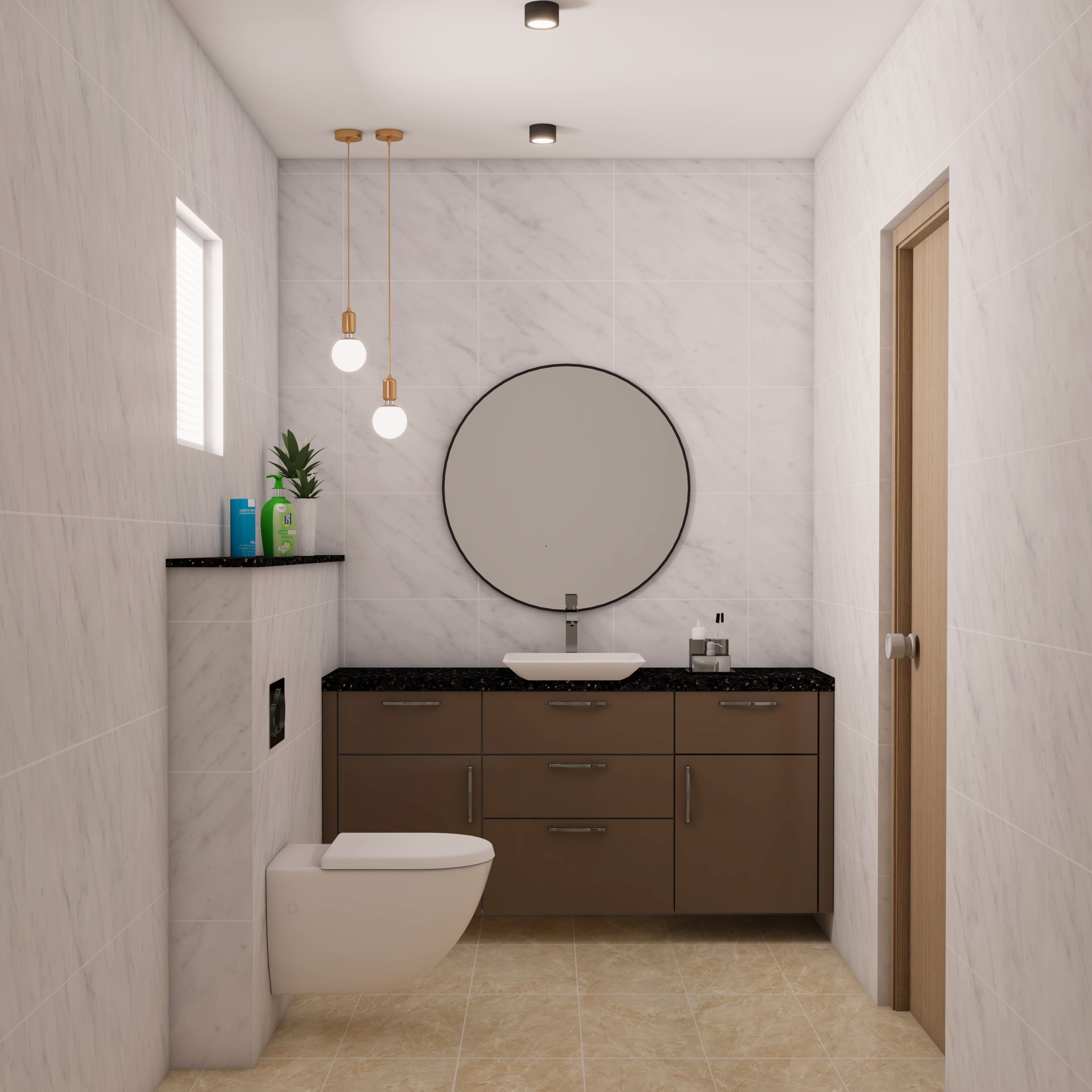 Compact Contemporary Bathroom Design With Round Mirror