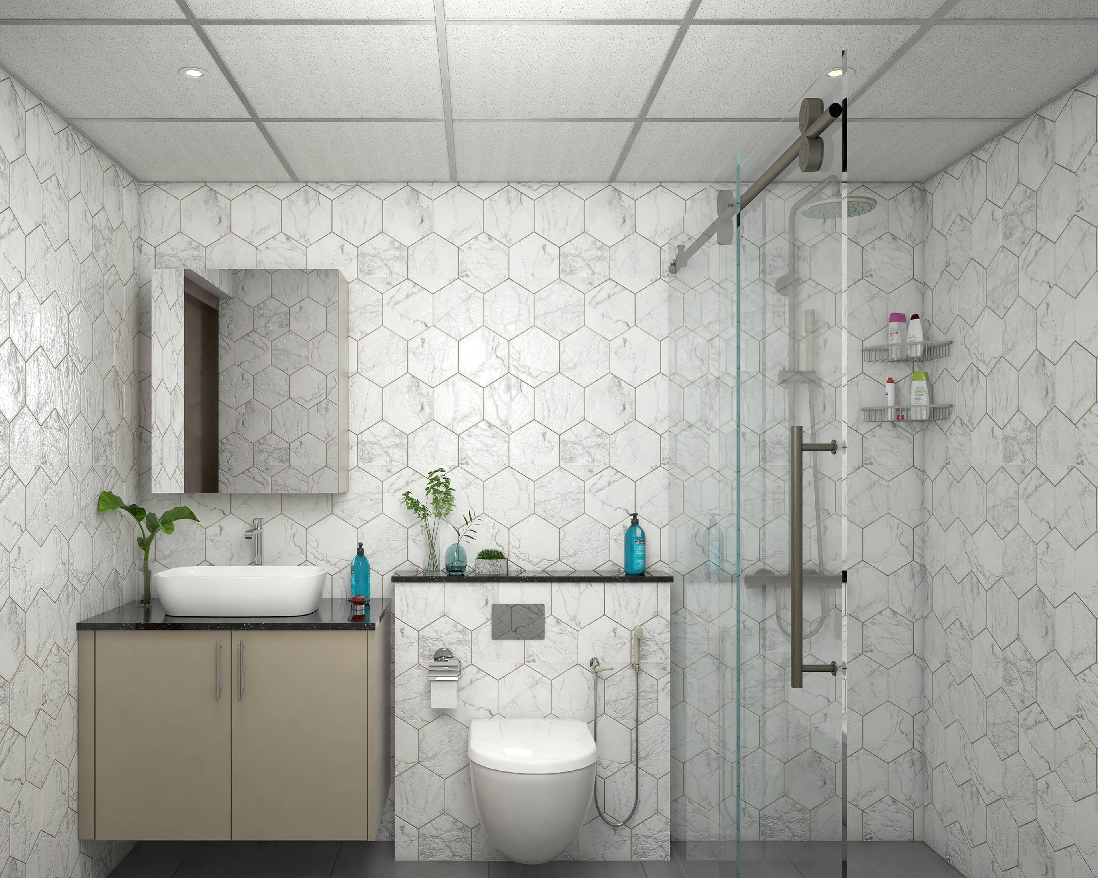 Modern Bathroom Design With White Hexagonal Bathroom Tiles