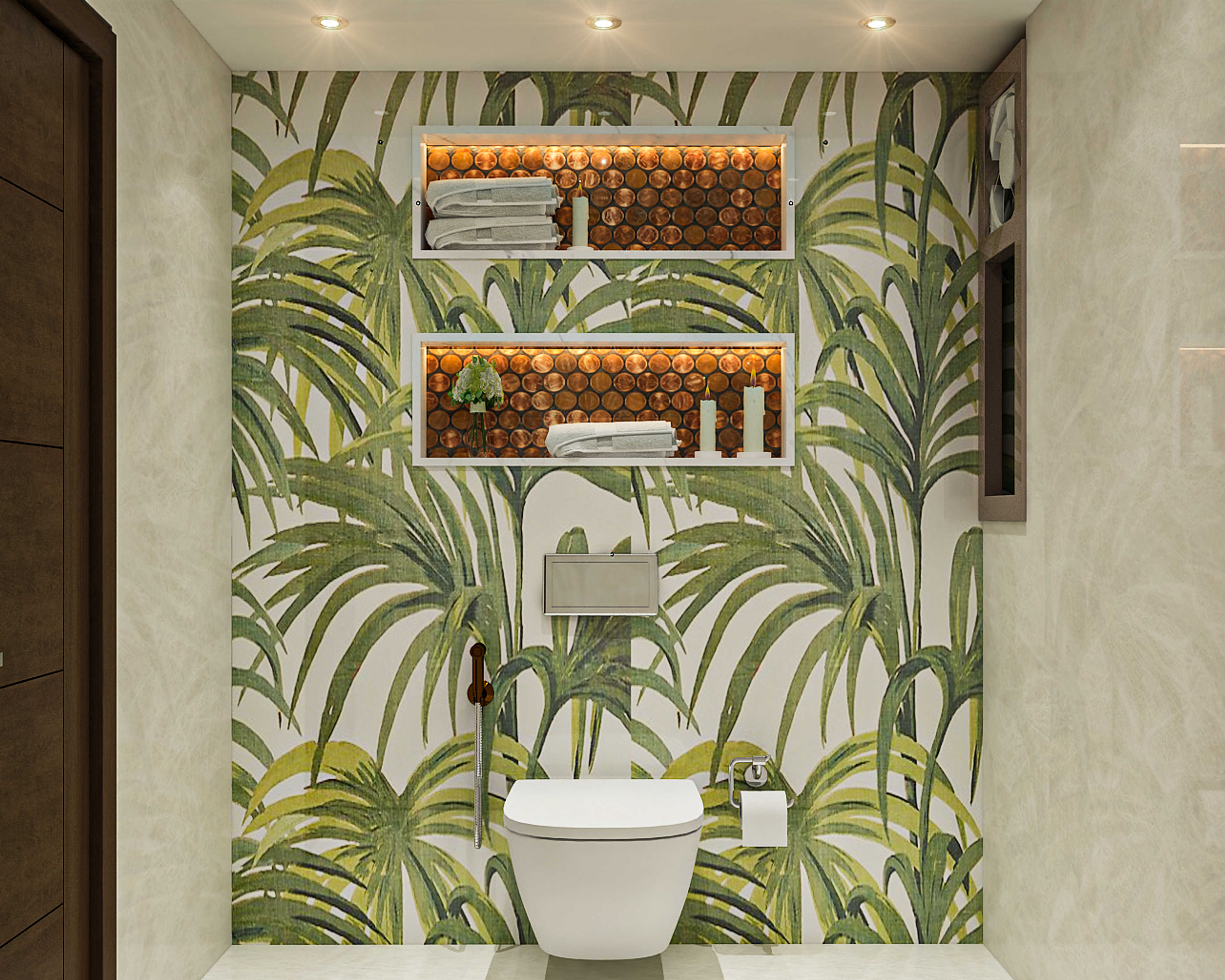 Contemporary Compact Bathroom Design With Tropical Wallpaper