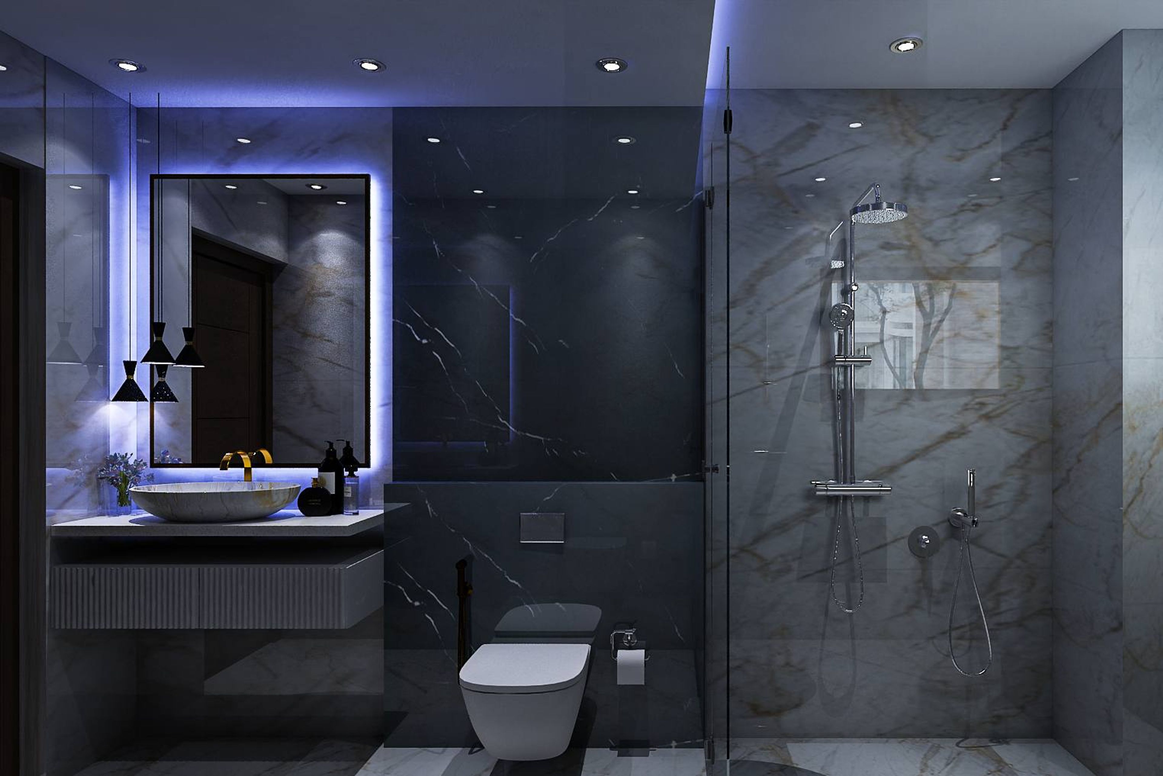 Modern Dark Bathroom Design With Blue LED Light