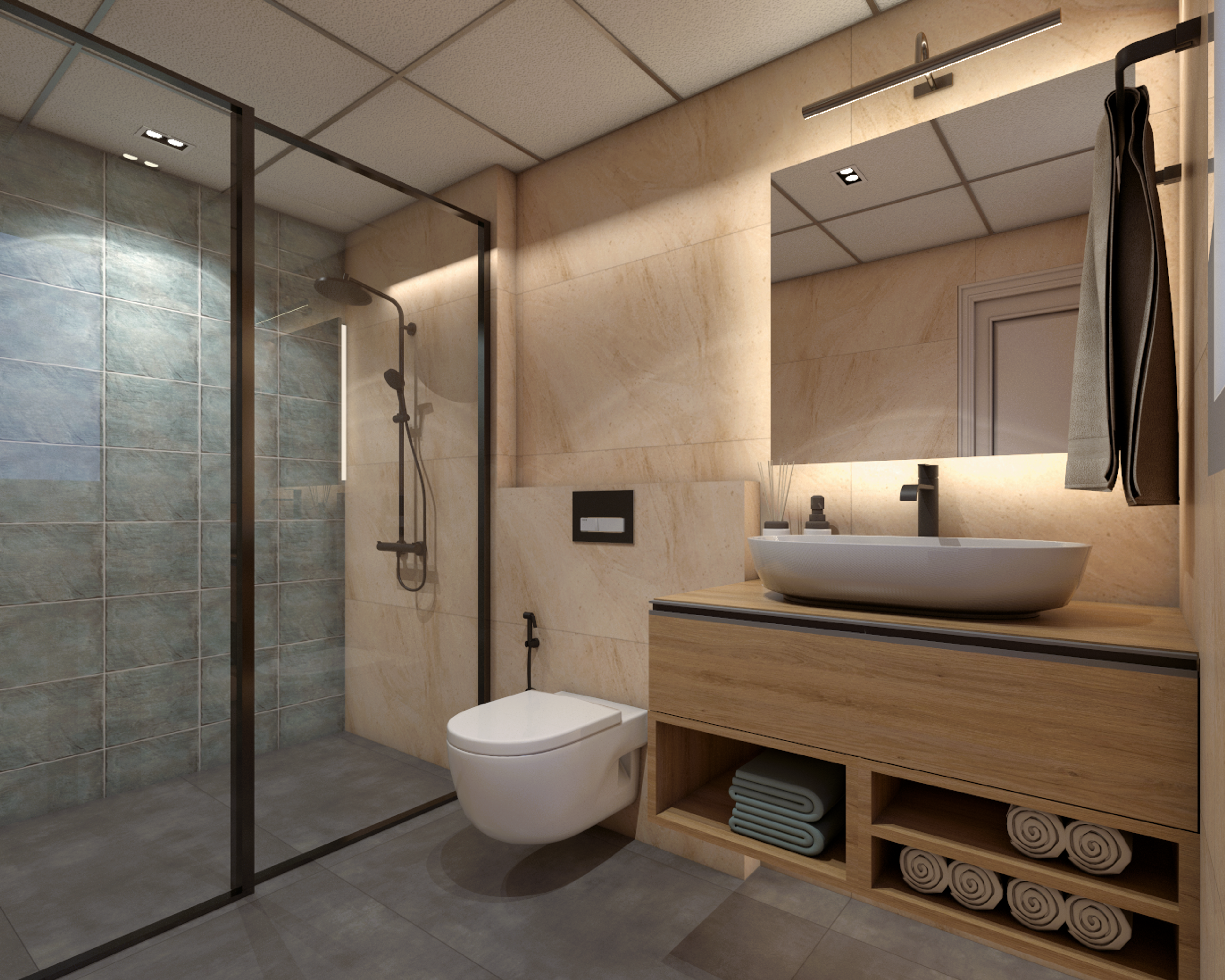 Modern Bathroom Design With Beige-Coloured Walls