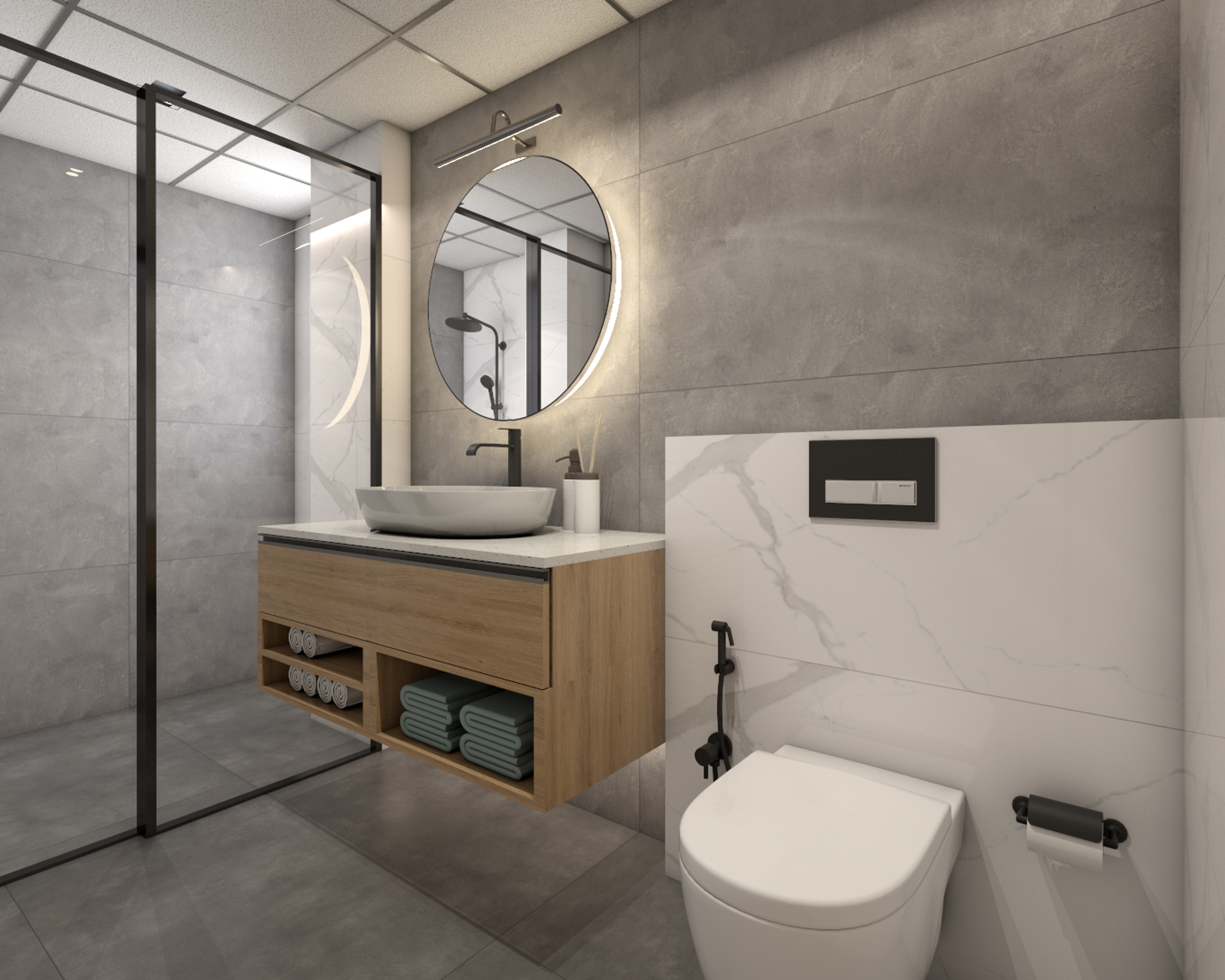 Modern Bathroom Design With Wall-Mounted Wooden Vanity Unit