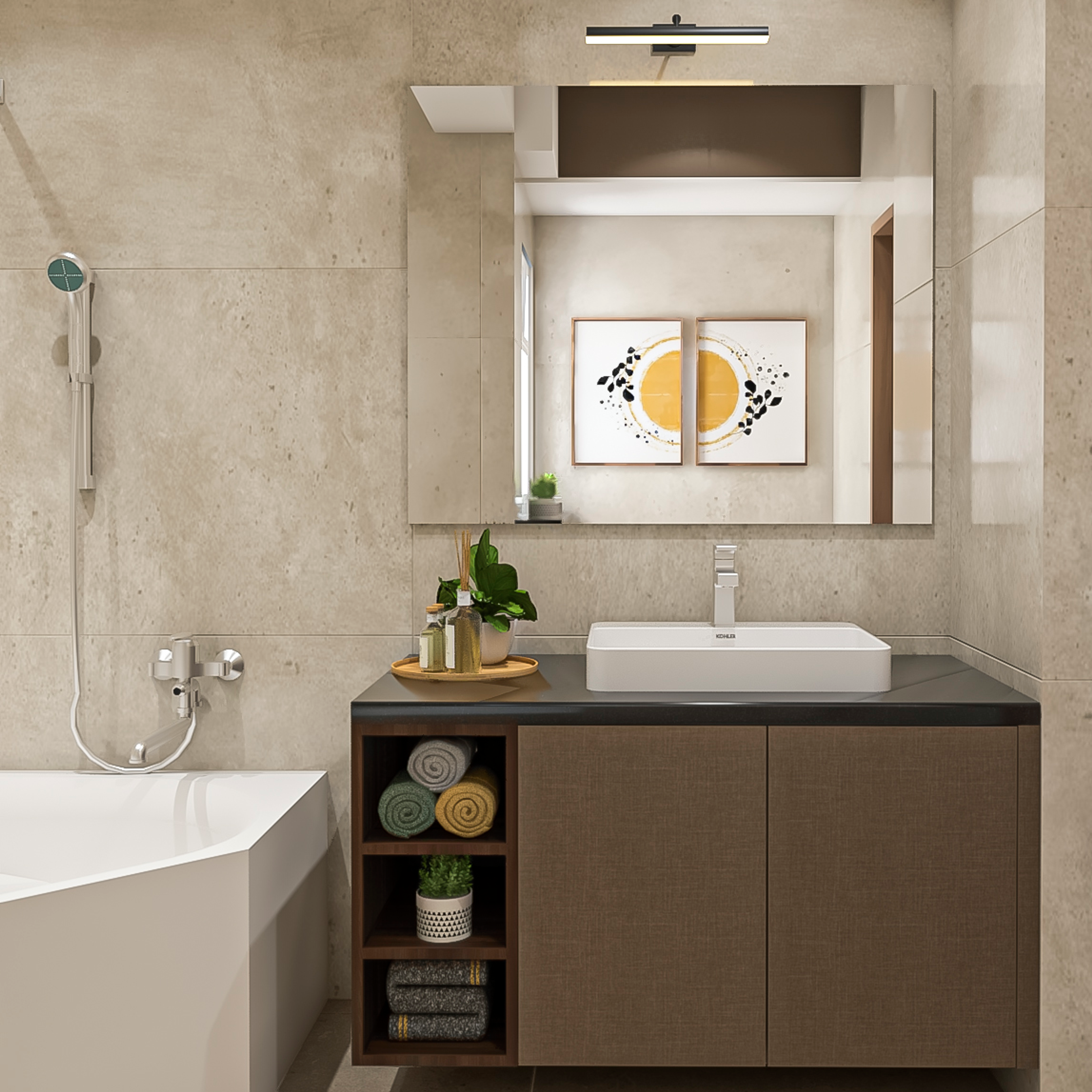 Modern Bathroom Design With Wooden Cabinet