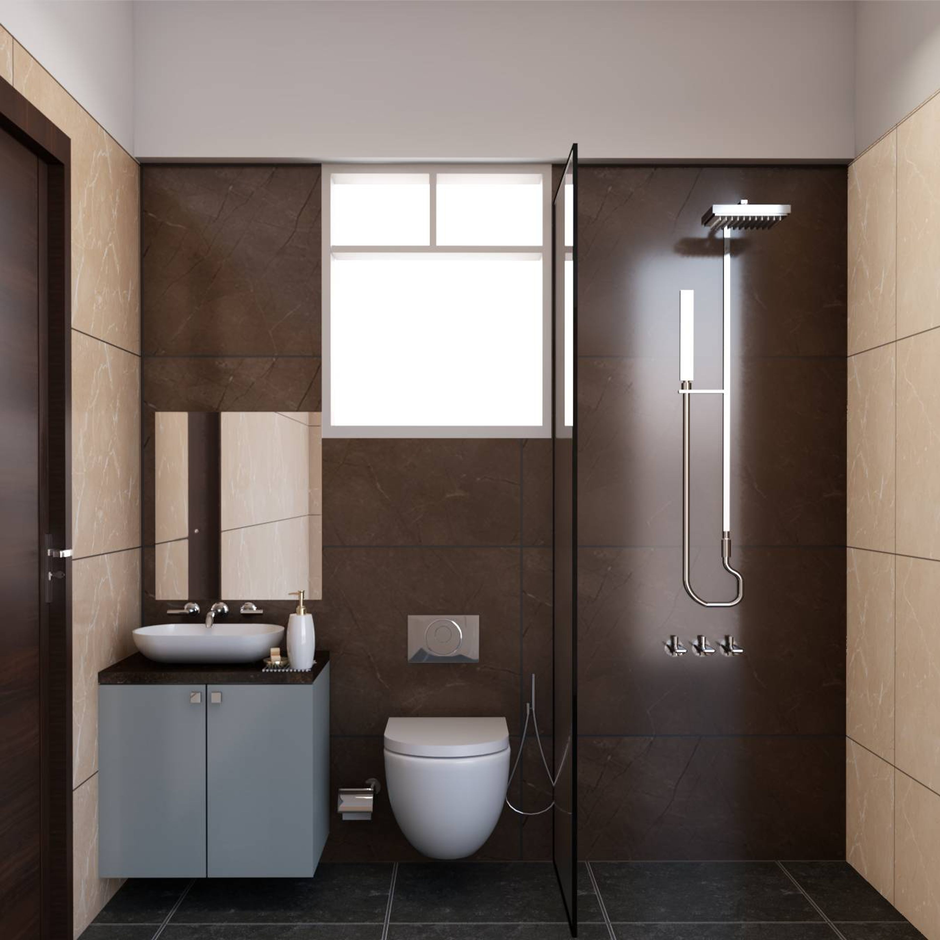 Contemporary Styled Small Bathroom Design Idea With Grey Storage Unit