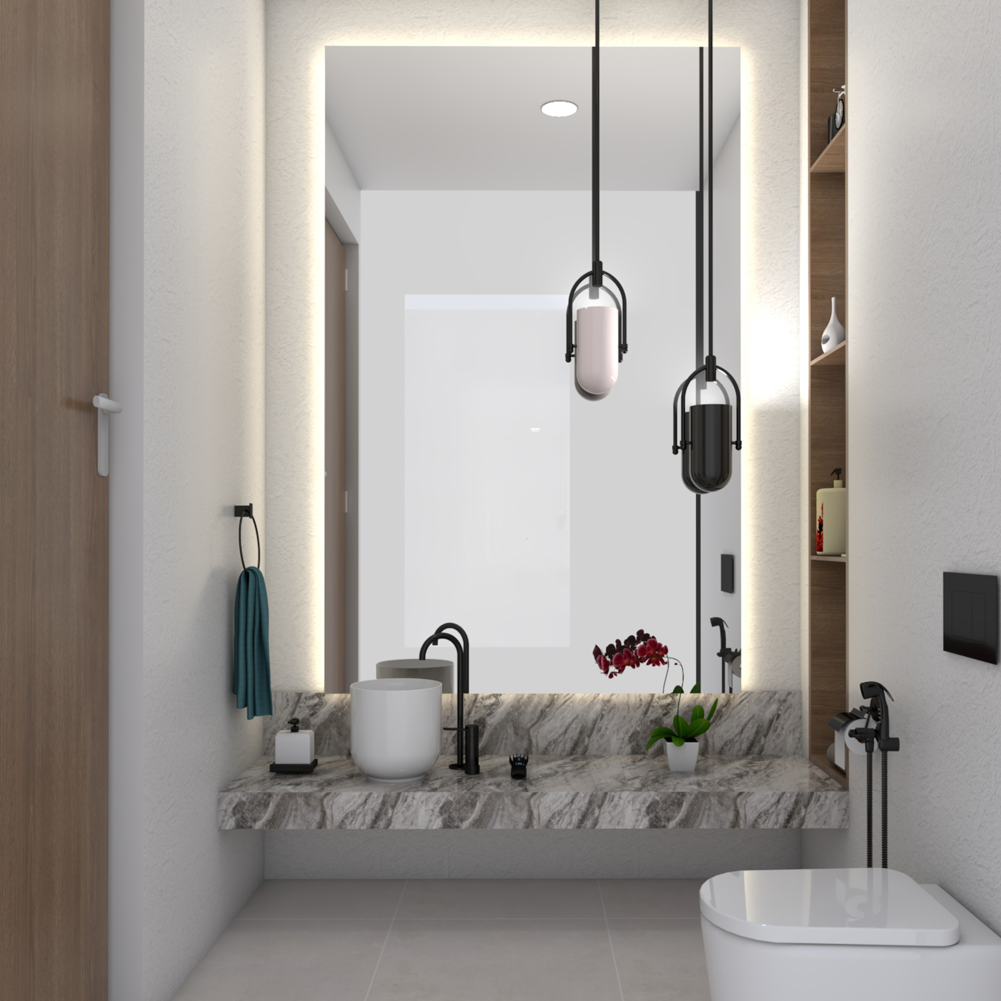 Modern Bathroom Design In White With Hanging Lights
