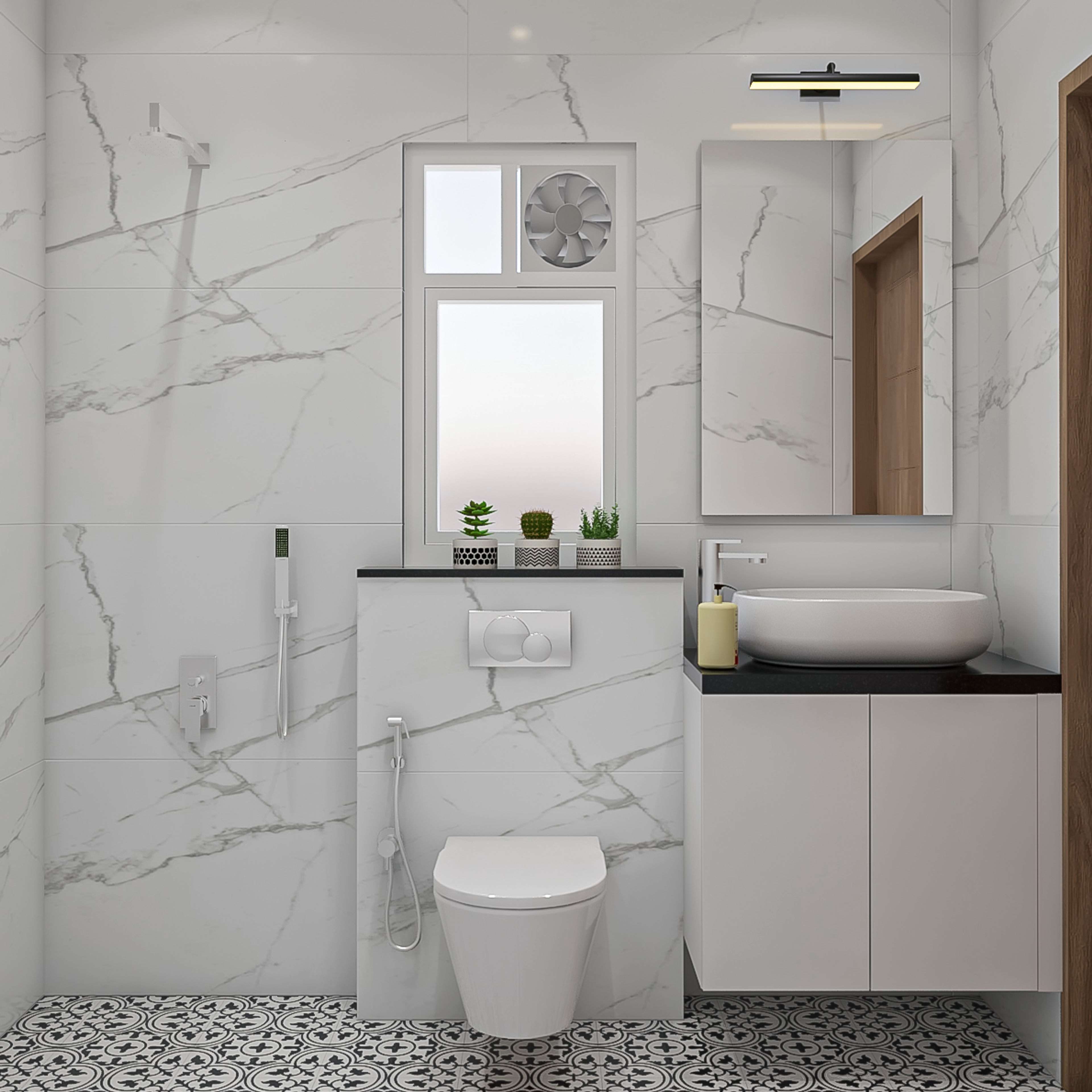 Modern White And Grey Bathroom Design With Marble Wall