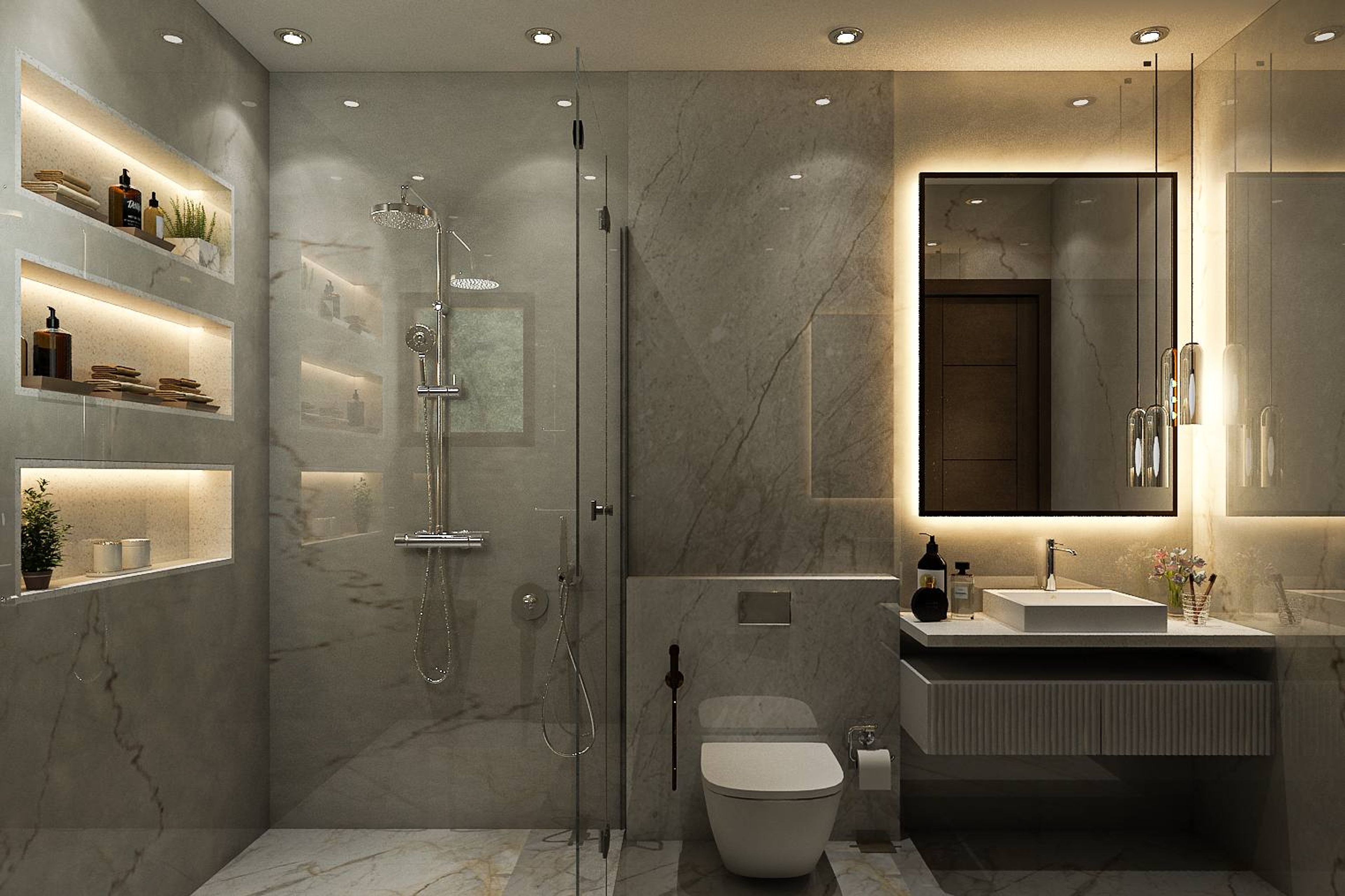 Modern Beige Bathroom Design With Glossy Tiles