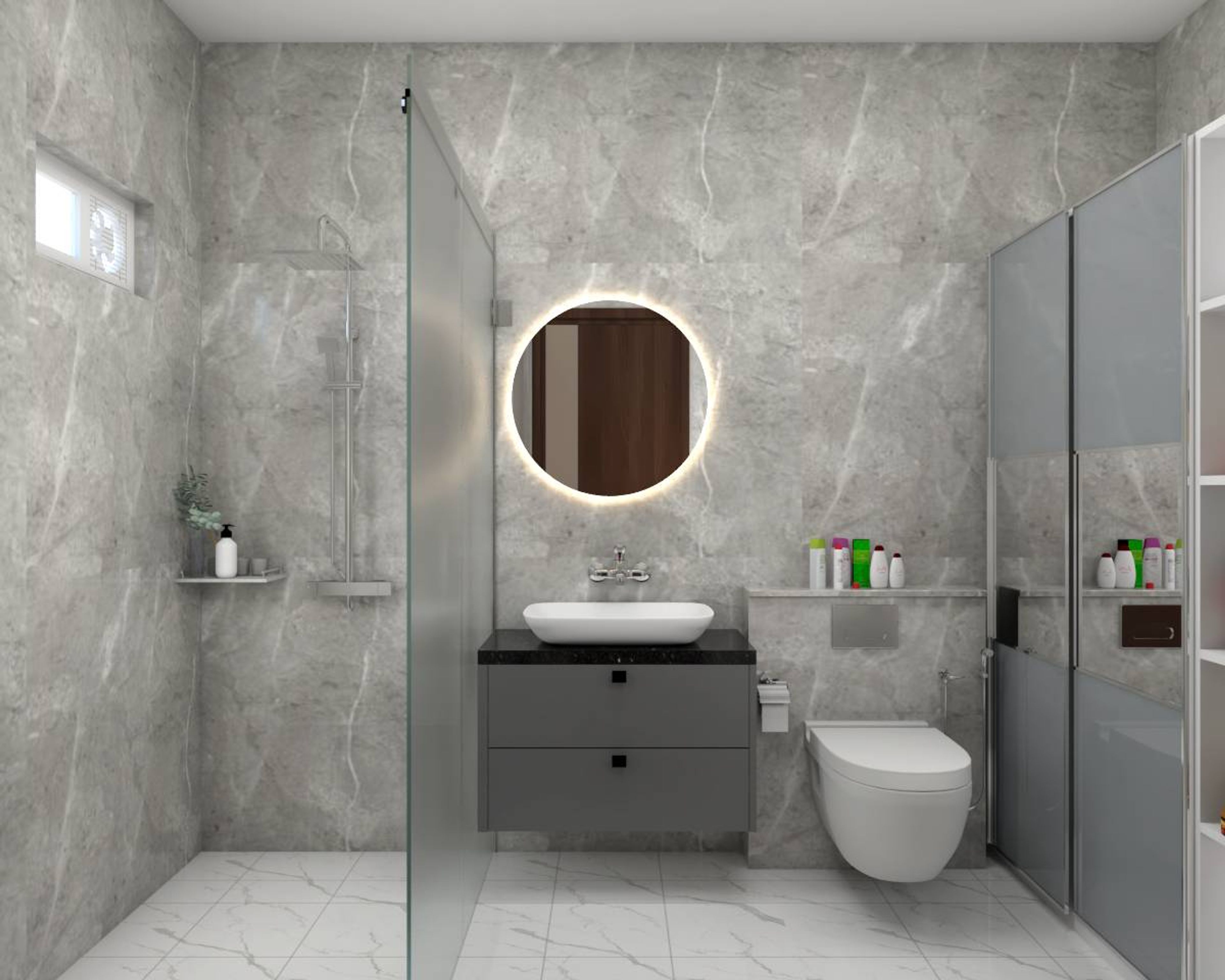 Contemporary Bathroom Design With Grey Storage Cabinet