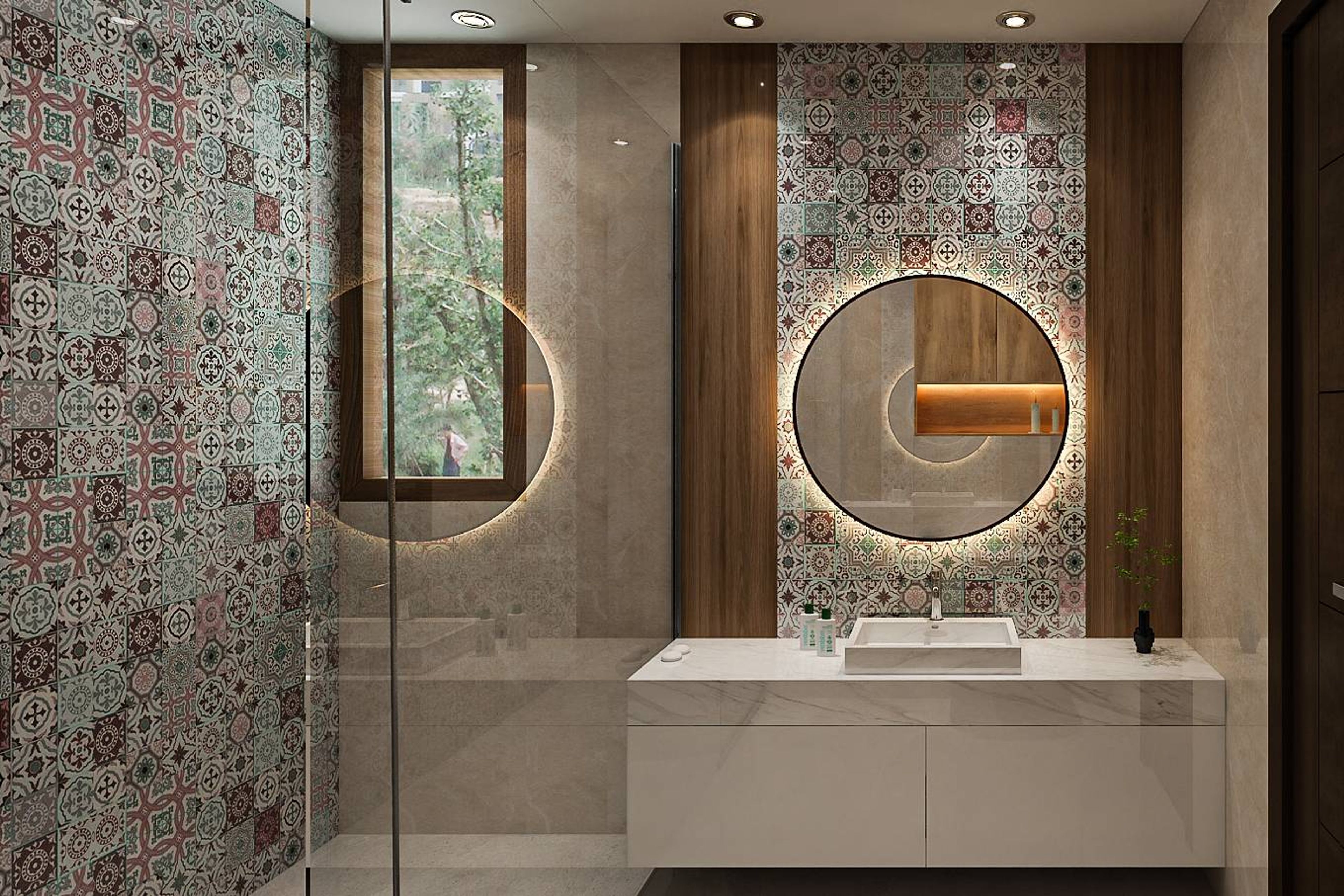 Modern Styled Spacious Bathroom Design With Multicoloured Wall Tiles