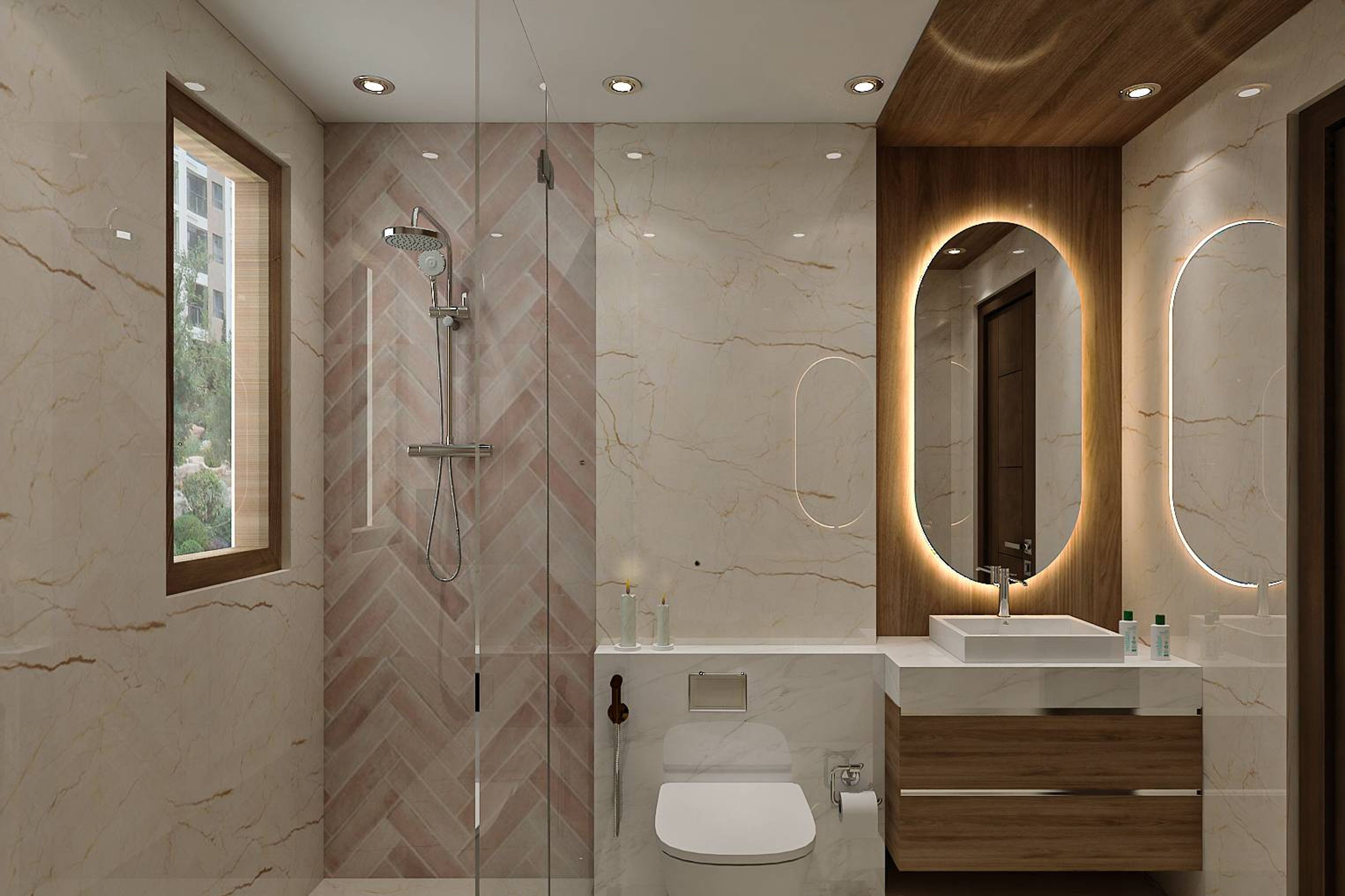 Contemporary Styled Compact Sized Bathroom Design With Brown Wooden Panelling