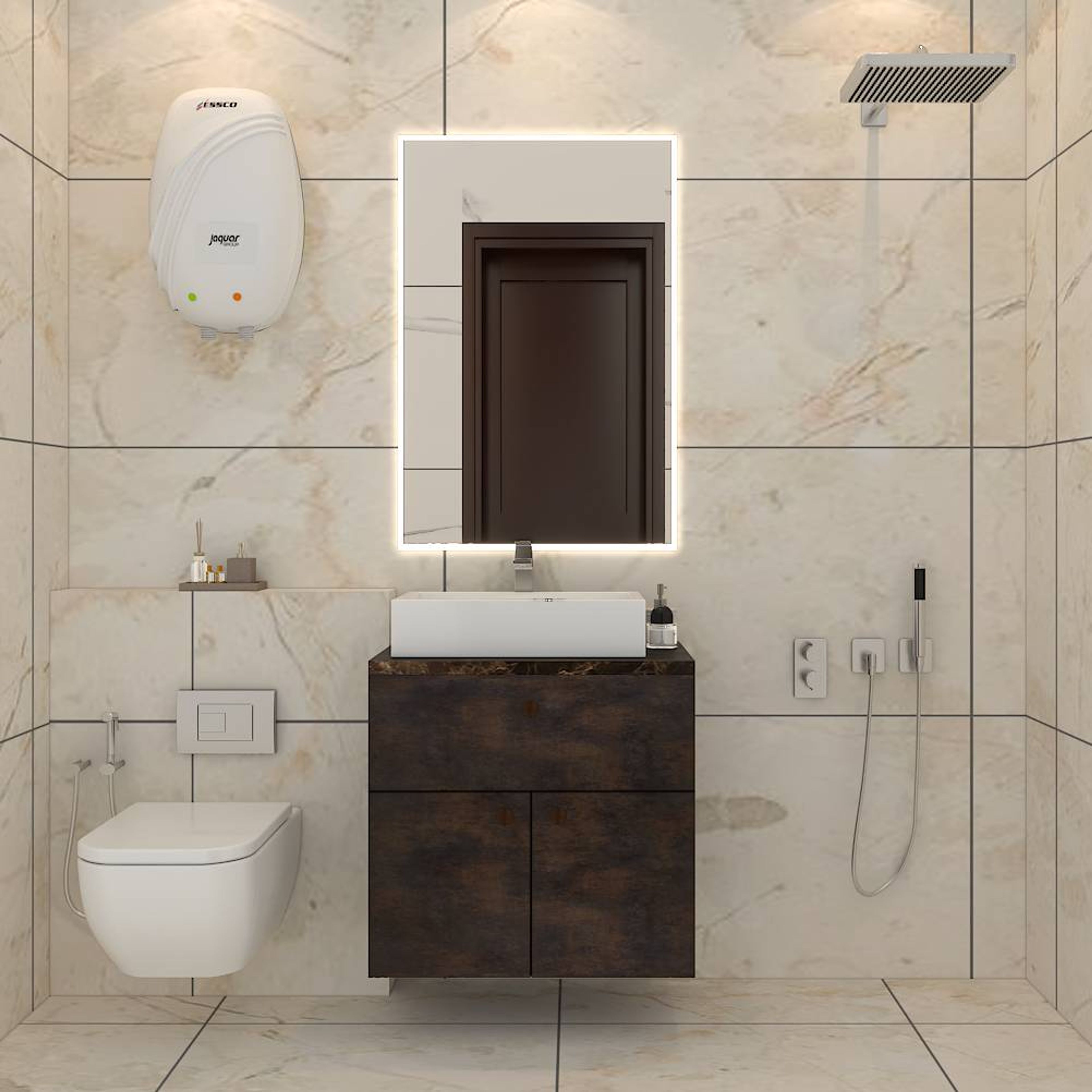 Modern Pastel-Shaded Bathroom Design With Dark Brown Vanity