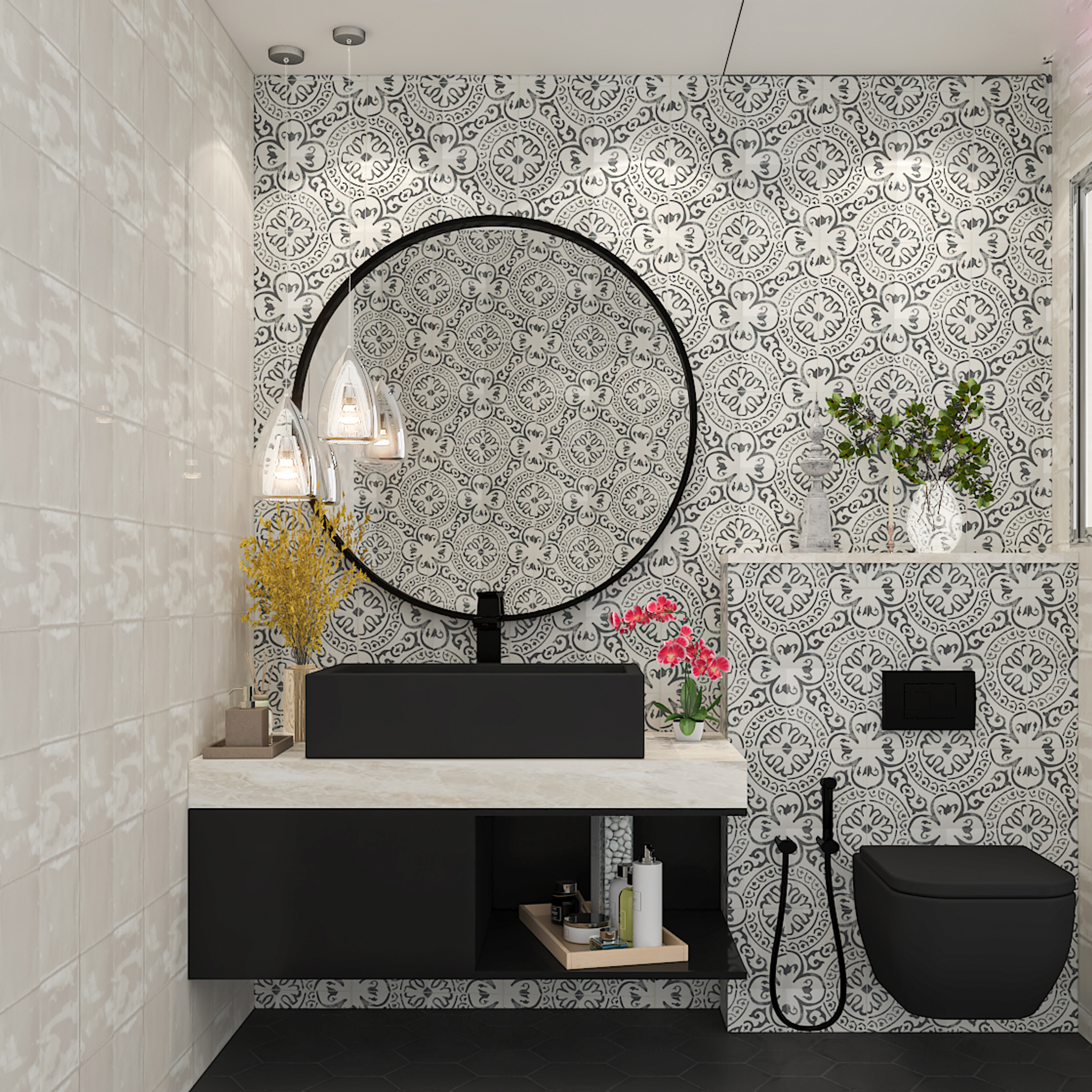 Contemporary Compact Bathroom With Grey And White Patterned Wall
