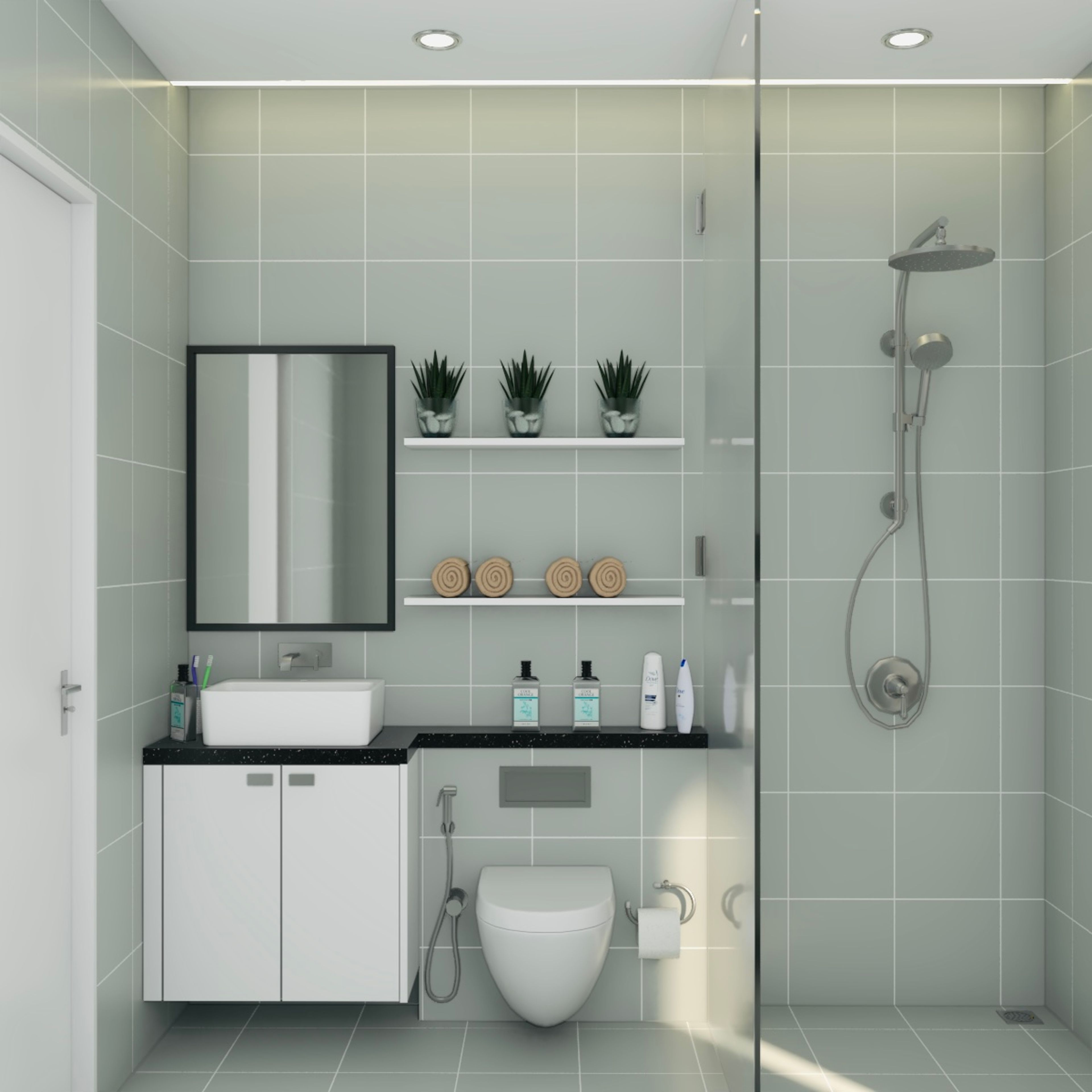 Modern Bathroom Design With Square-Shaped Grey Tiles