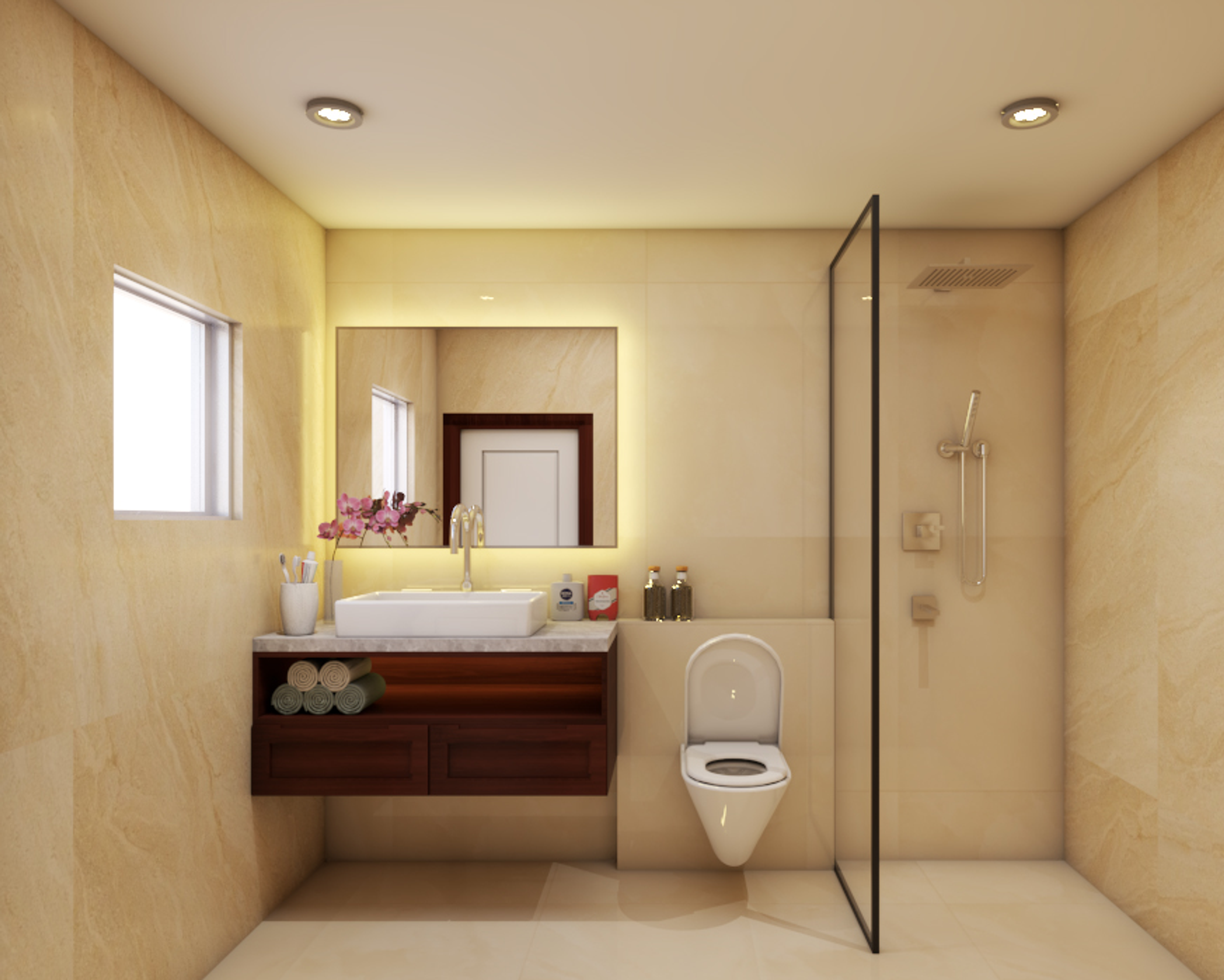 Spacious Beige Bathroom Design With LED Mirror