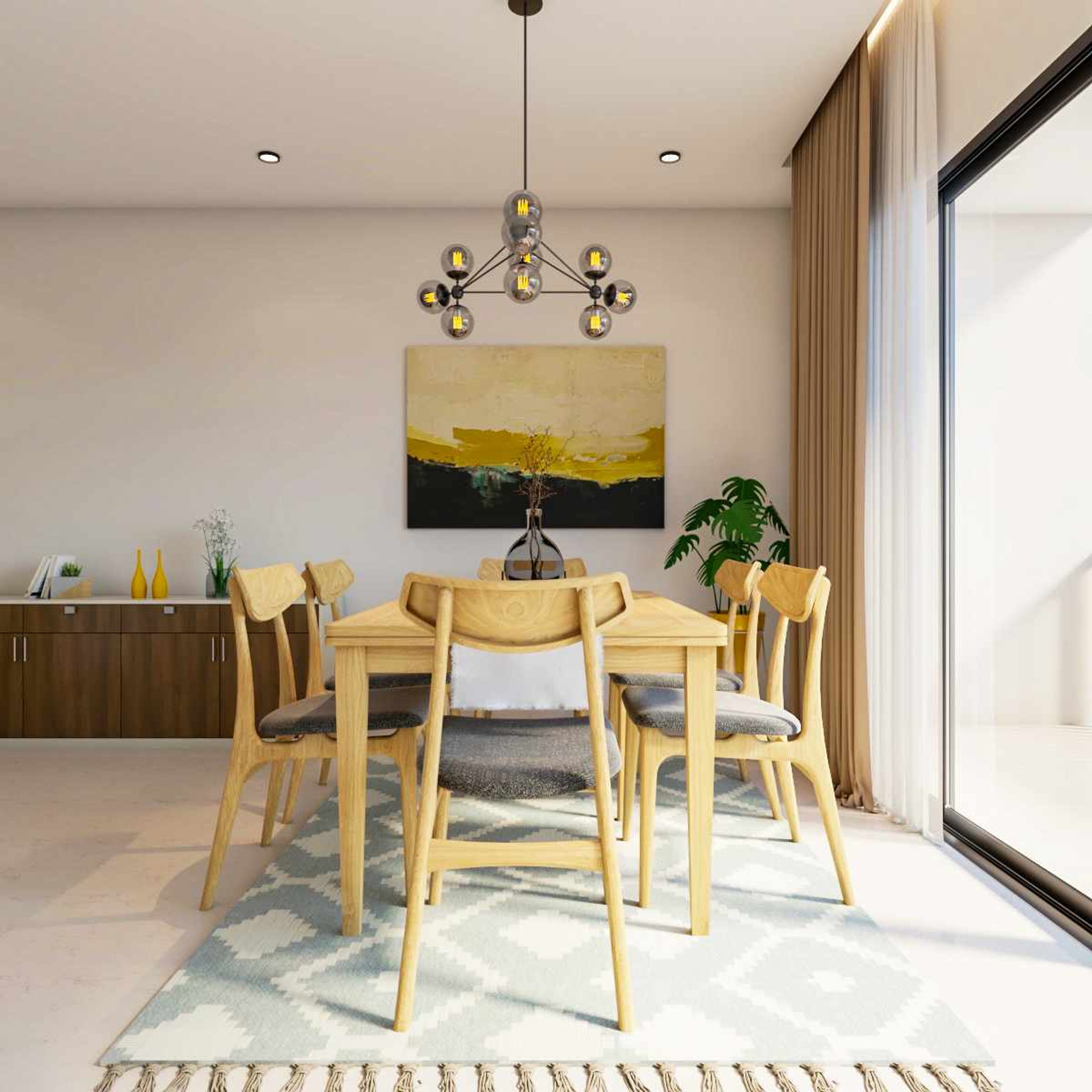 Spacious Minimalistic 6-Seater Dining Room Design With Wooden Furniture