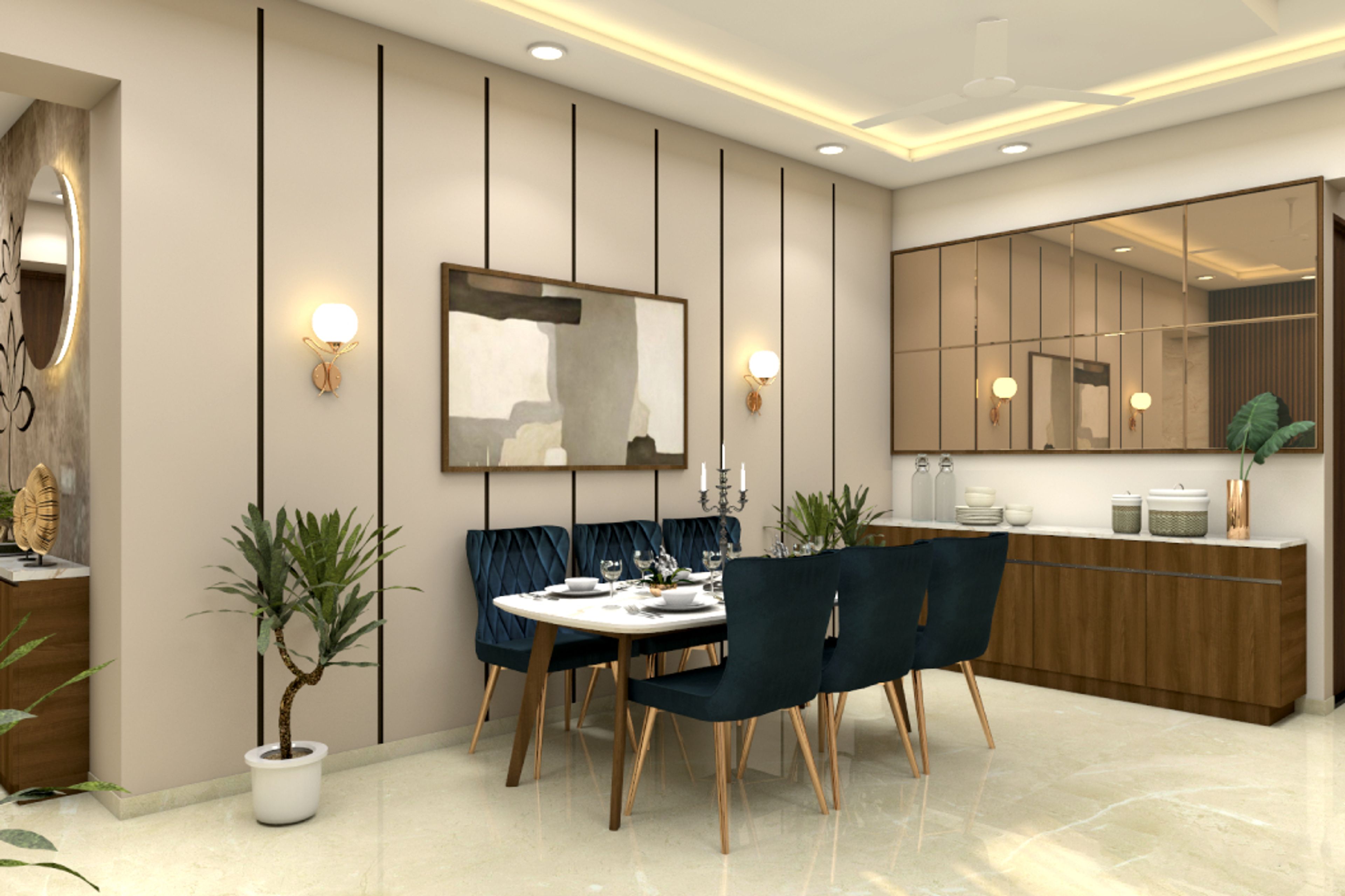 Contemporary Dining Room Design With Bevelled Bronze-Tinted Crockery Unit