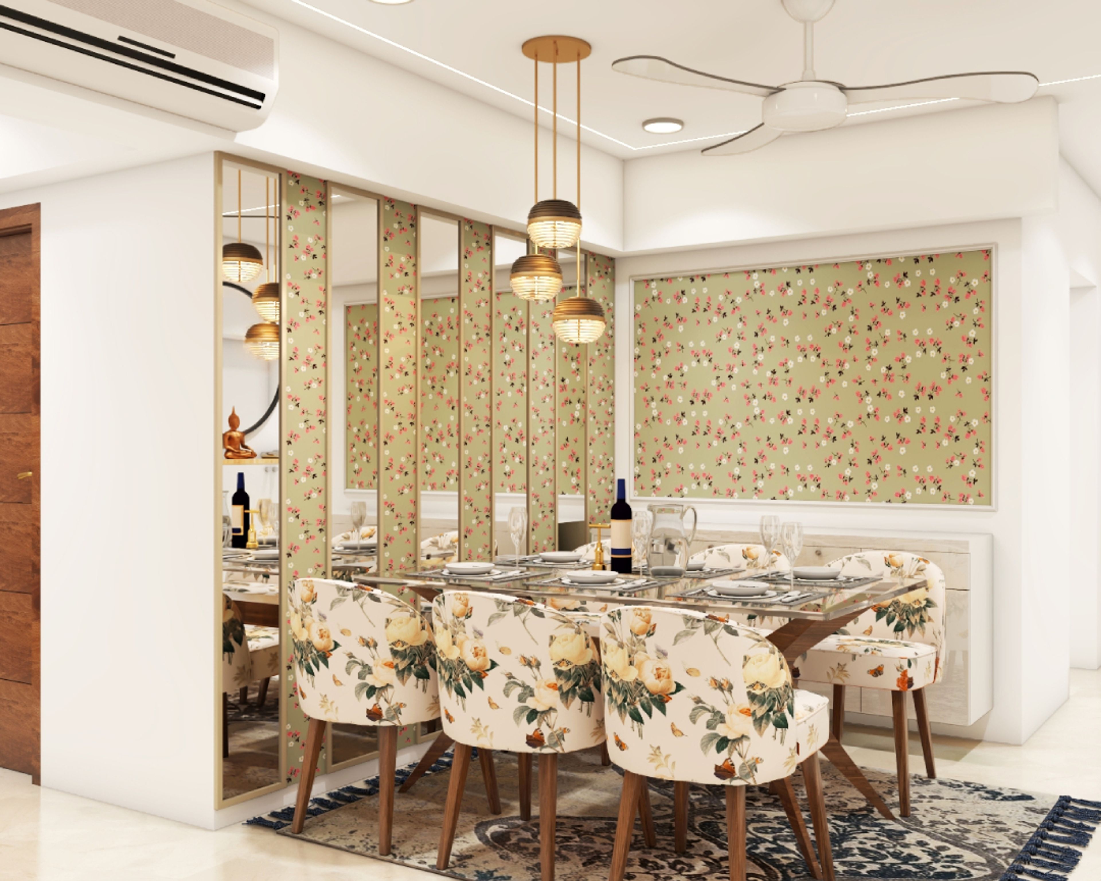 Victorian 6-Seater Dining Room Design With Floral Wallpaper