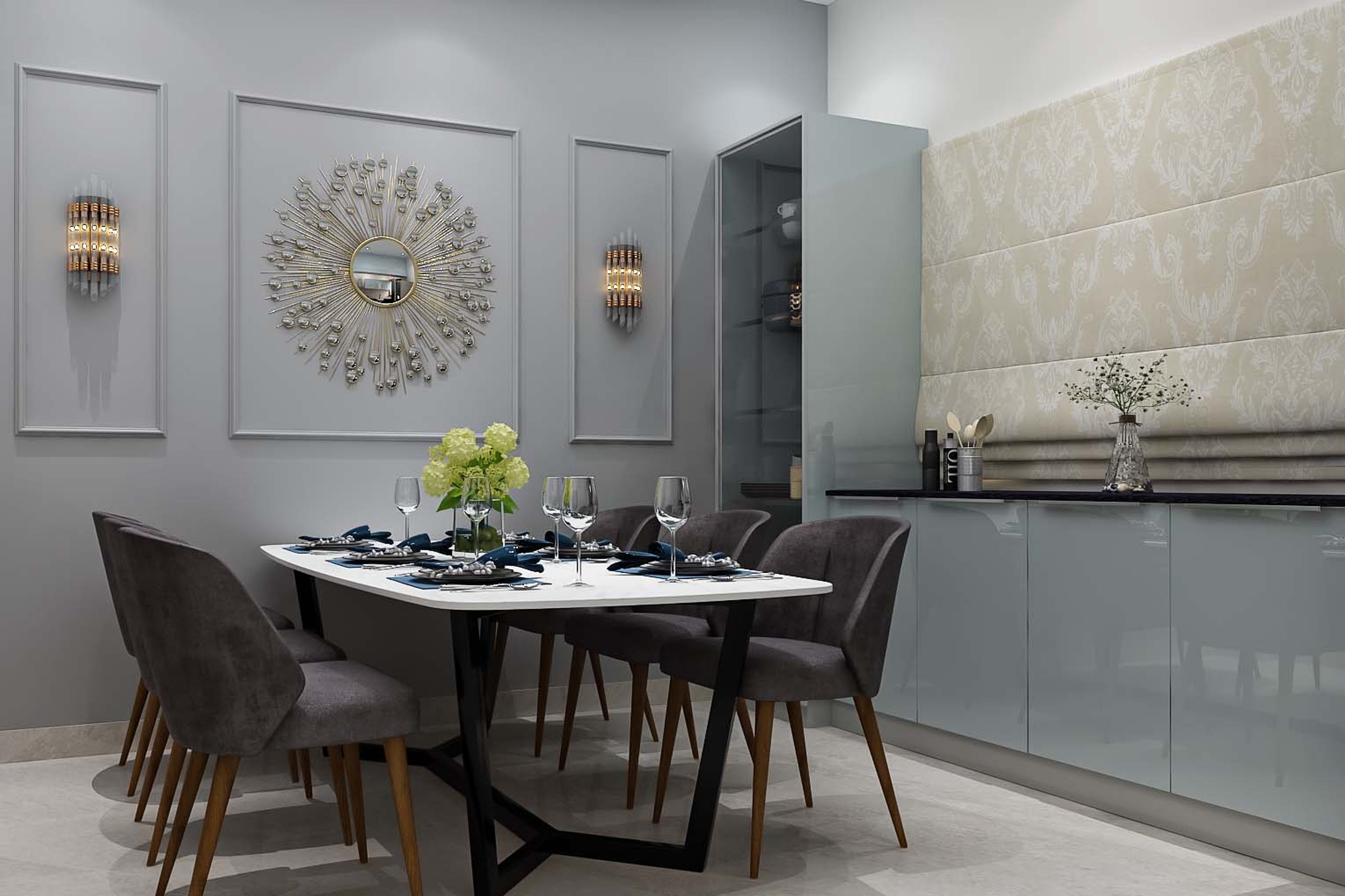 Contemporary Dining Room Design In Blue And Grey