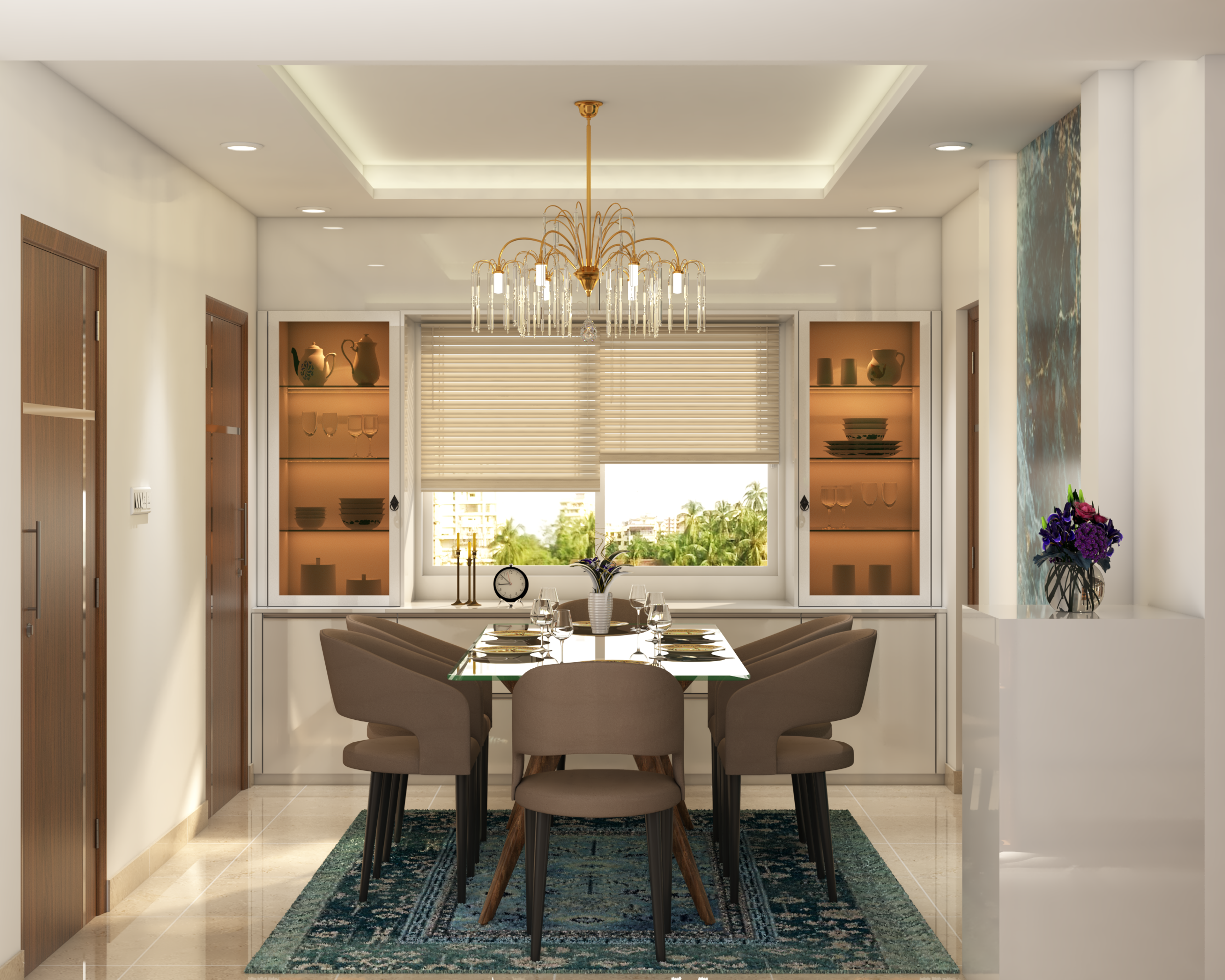 Modern Dining Room Design With Six-Seater Dining Table And Dark Brown Chairs