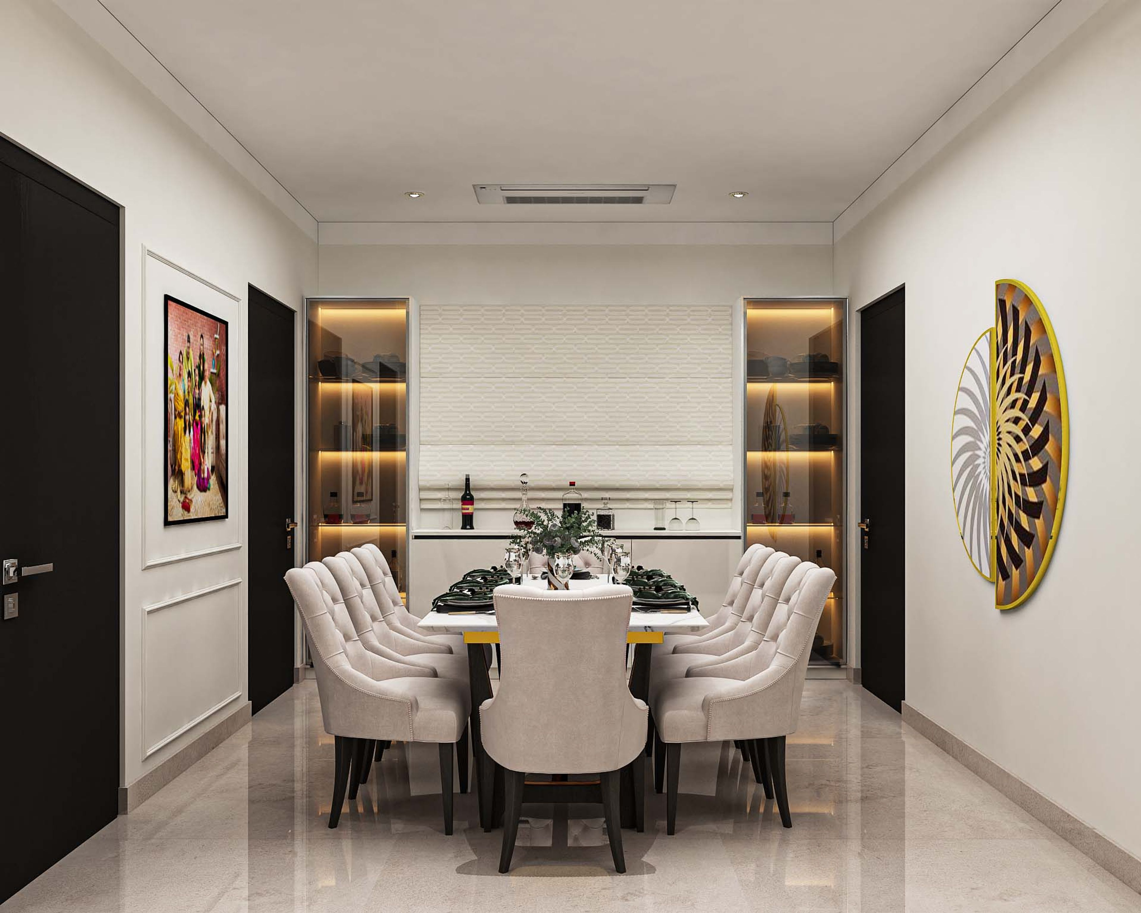 Modern Spacious Dining Room Design With White Marble Tabletop