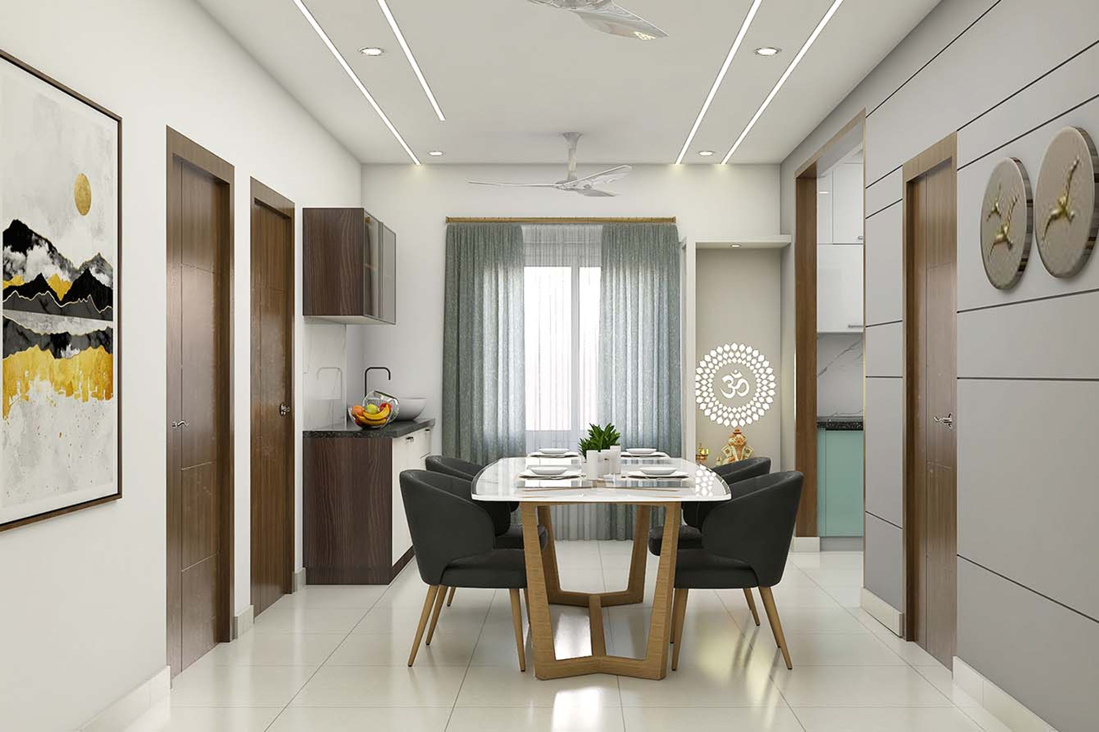 Contemporary Dining Hall Design With Four Upholstered Chairs