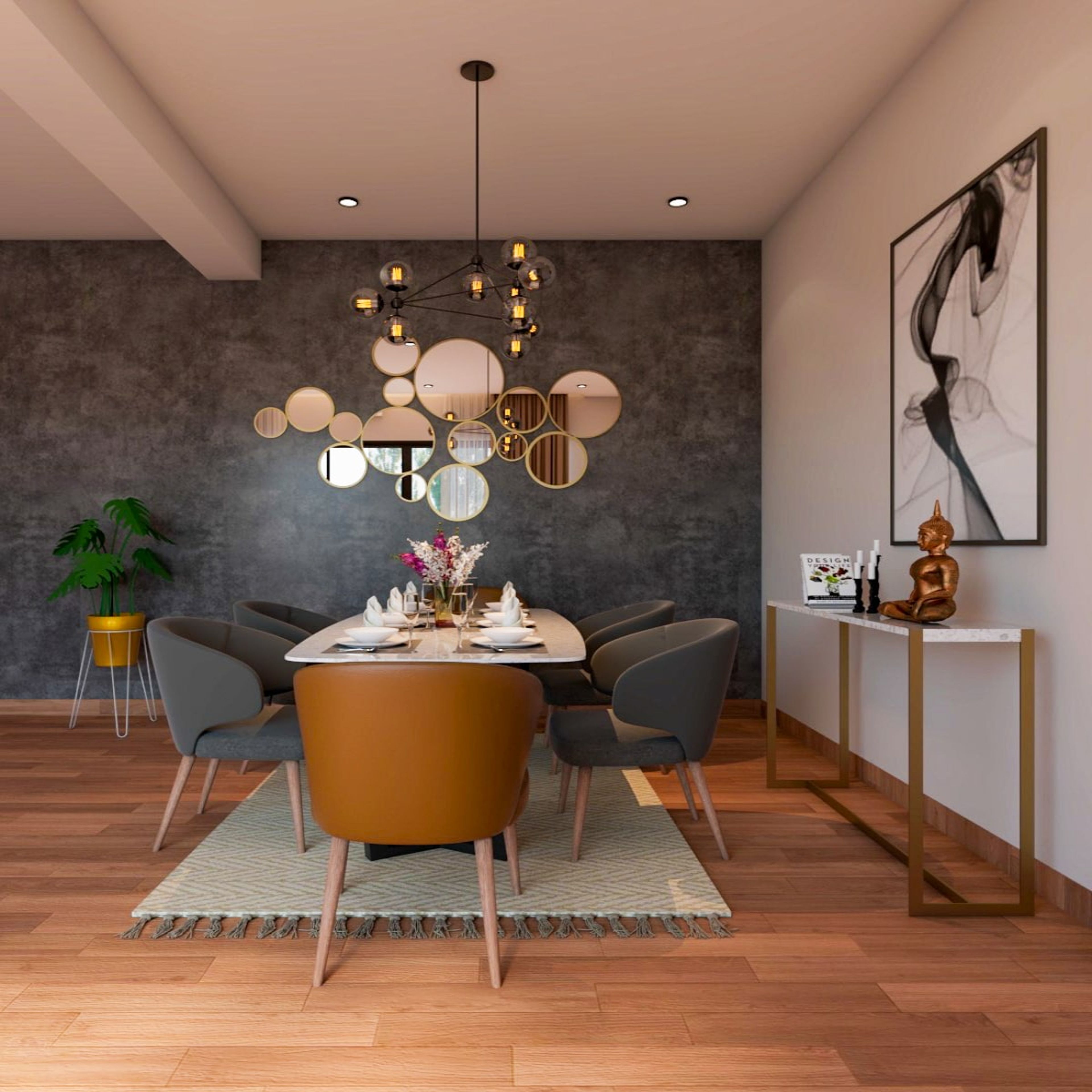 Modern 6-Seater Dining Room Design With Dual-Toned Chairs