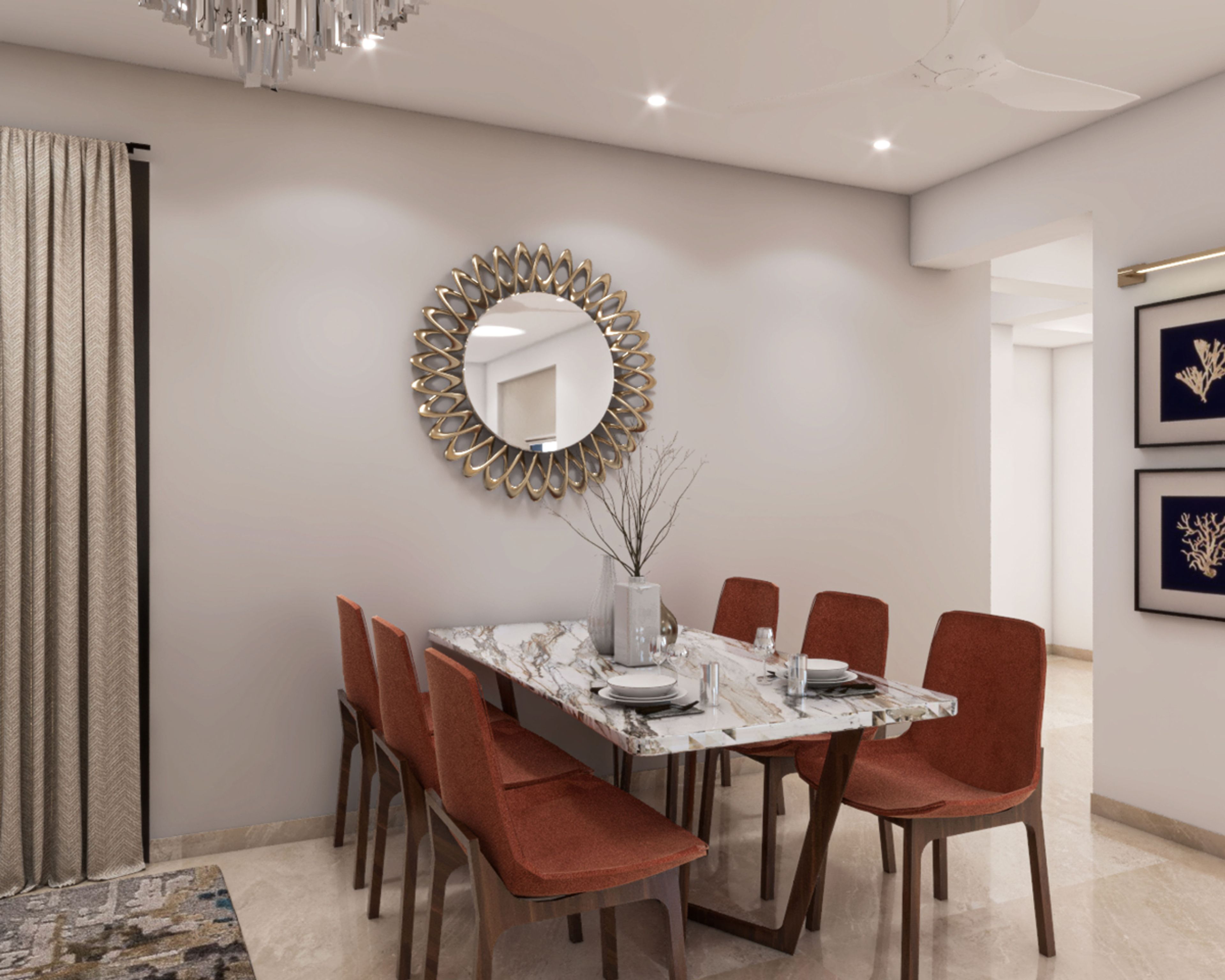 Contemporary Dining Room Design With Red Dining Chairs