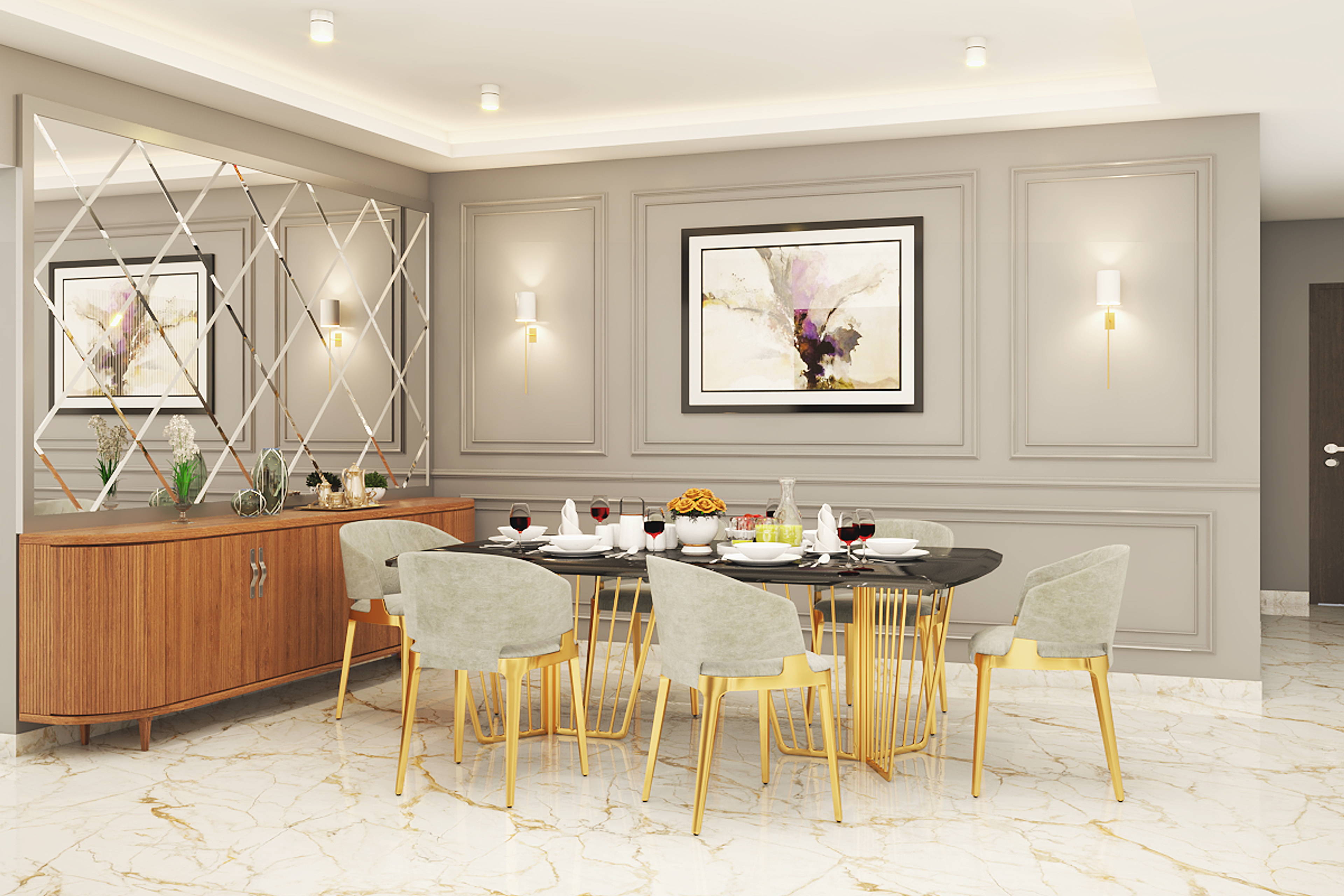 Dining Room With Mirror Panel - Livspace