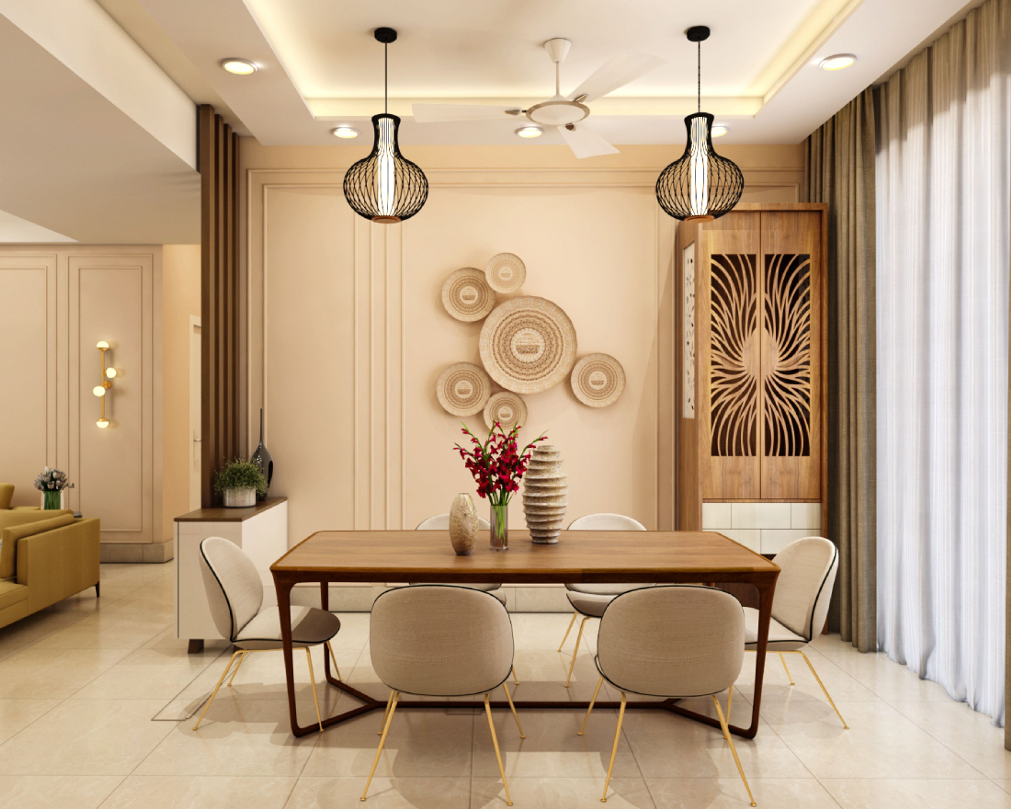 Contemporary 6-Seater Beige Dining Room Design With Pooja Unit