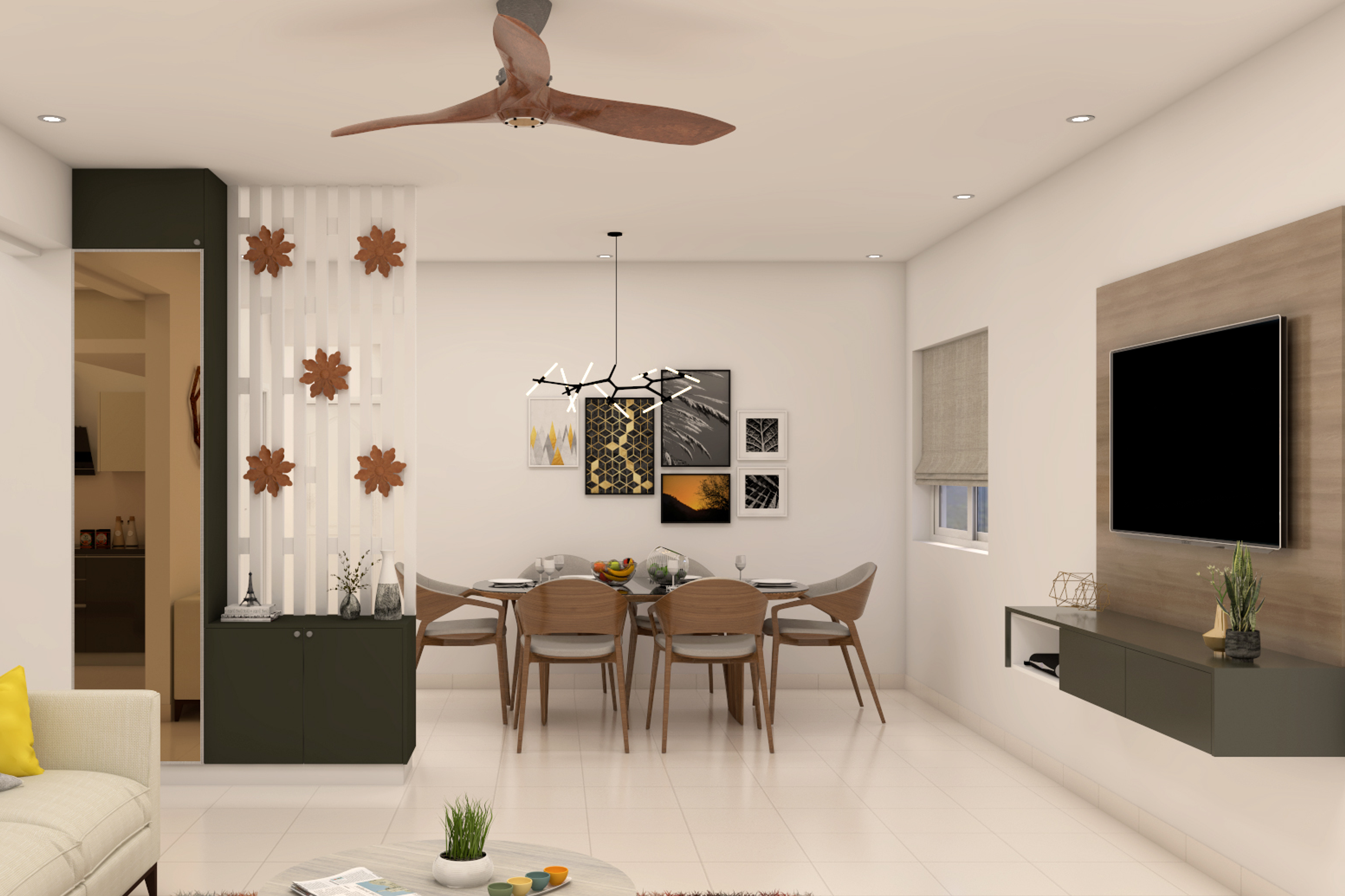 Modern 6-Seater Dining Room Design With Wooden Chairs