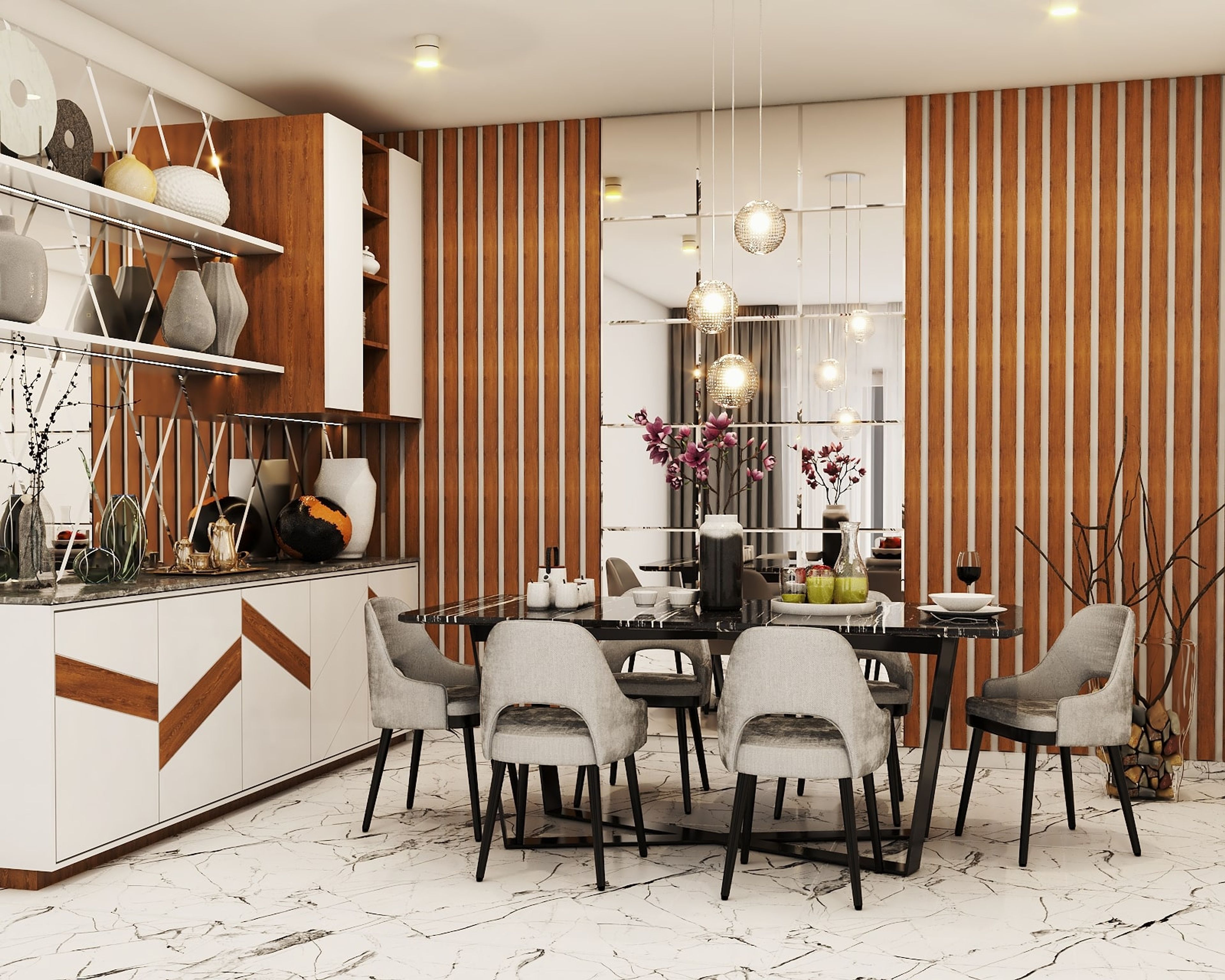 Spacious Dining Room Design With Bevelled Mirror And Wooden Furnishing