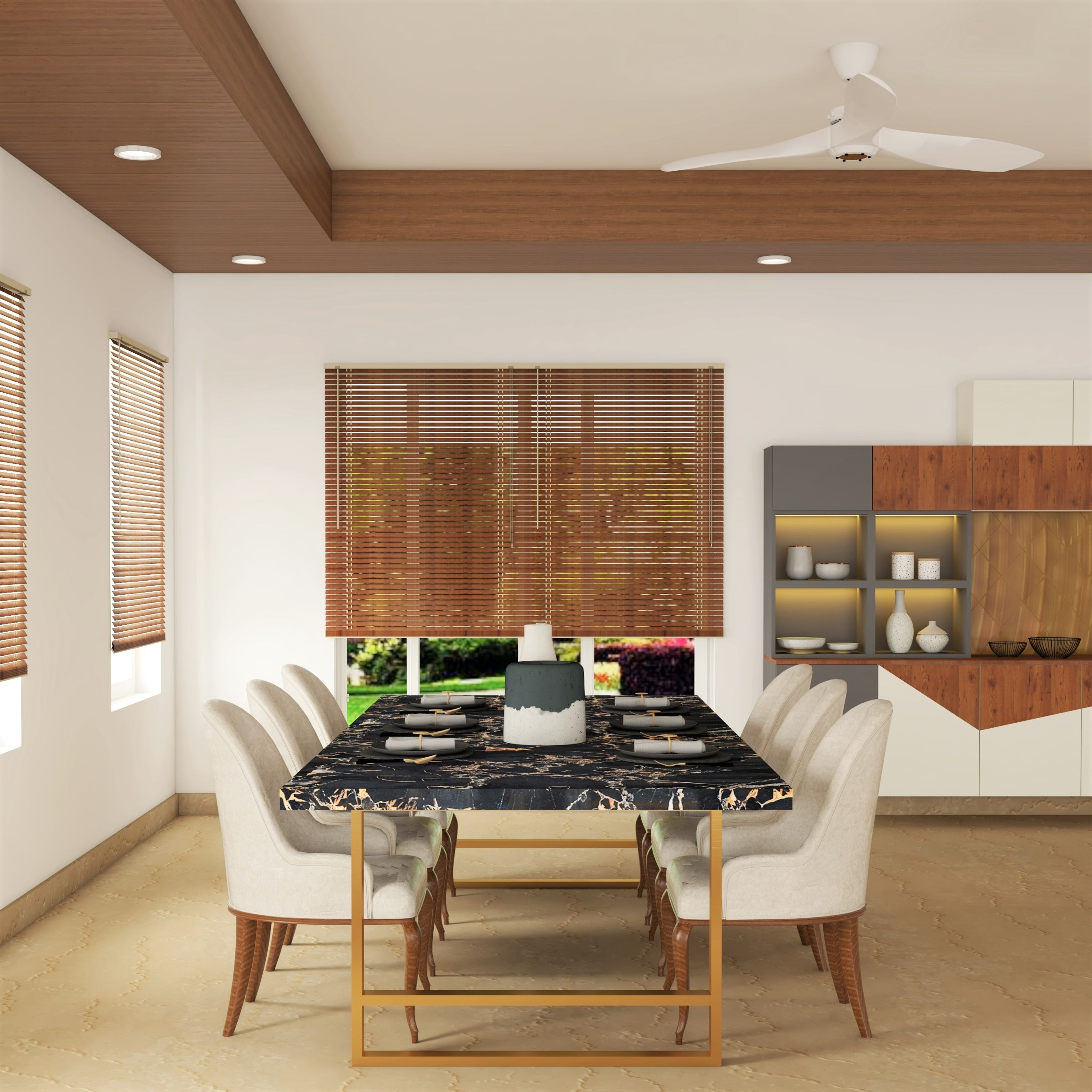 Wooden ceiling and marble table top with a subtle color scheme - Livspace