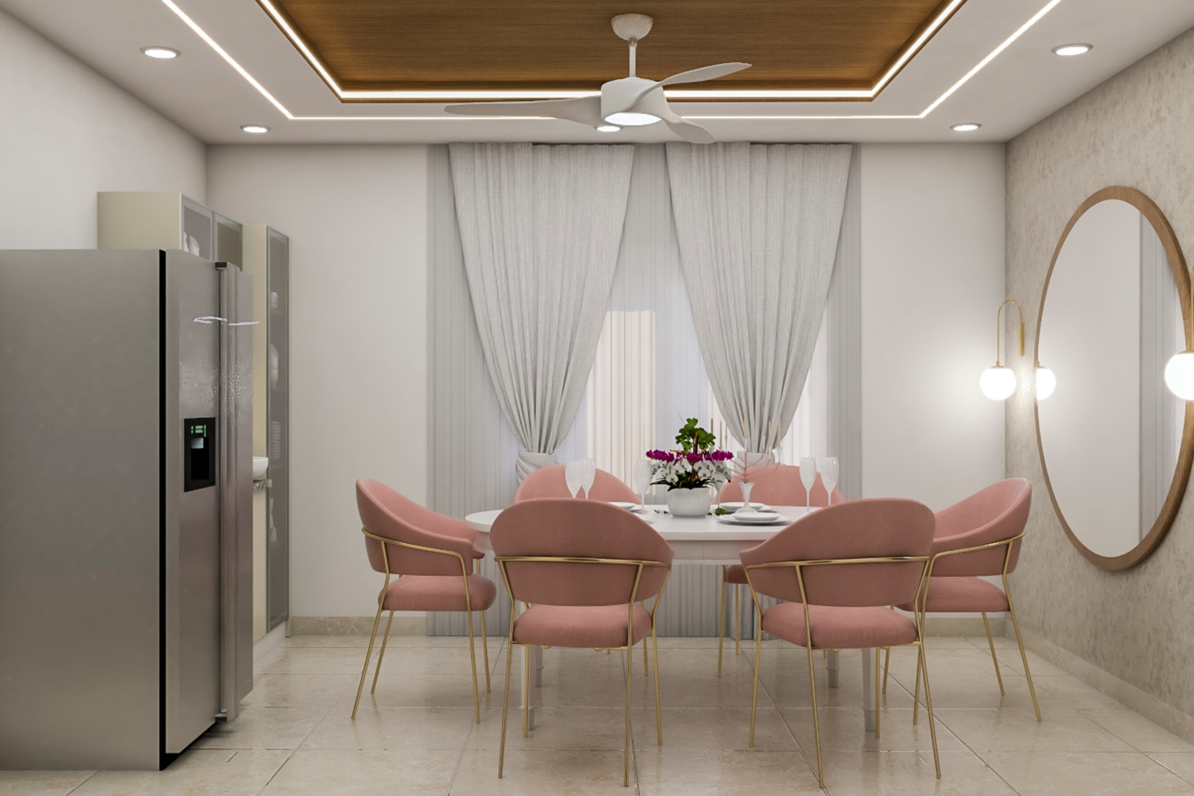 Contemporary Dining Room Design With White And Pink Theme