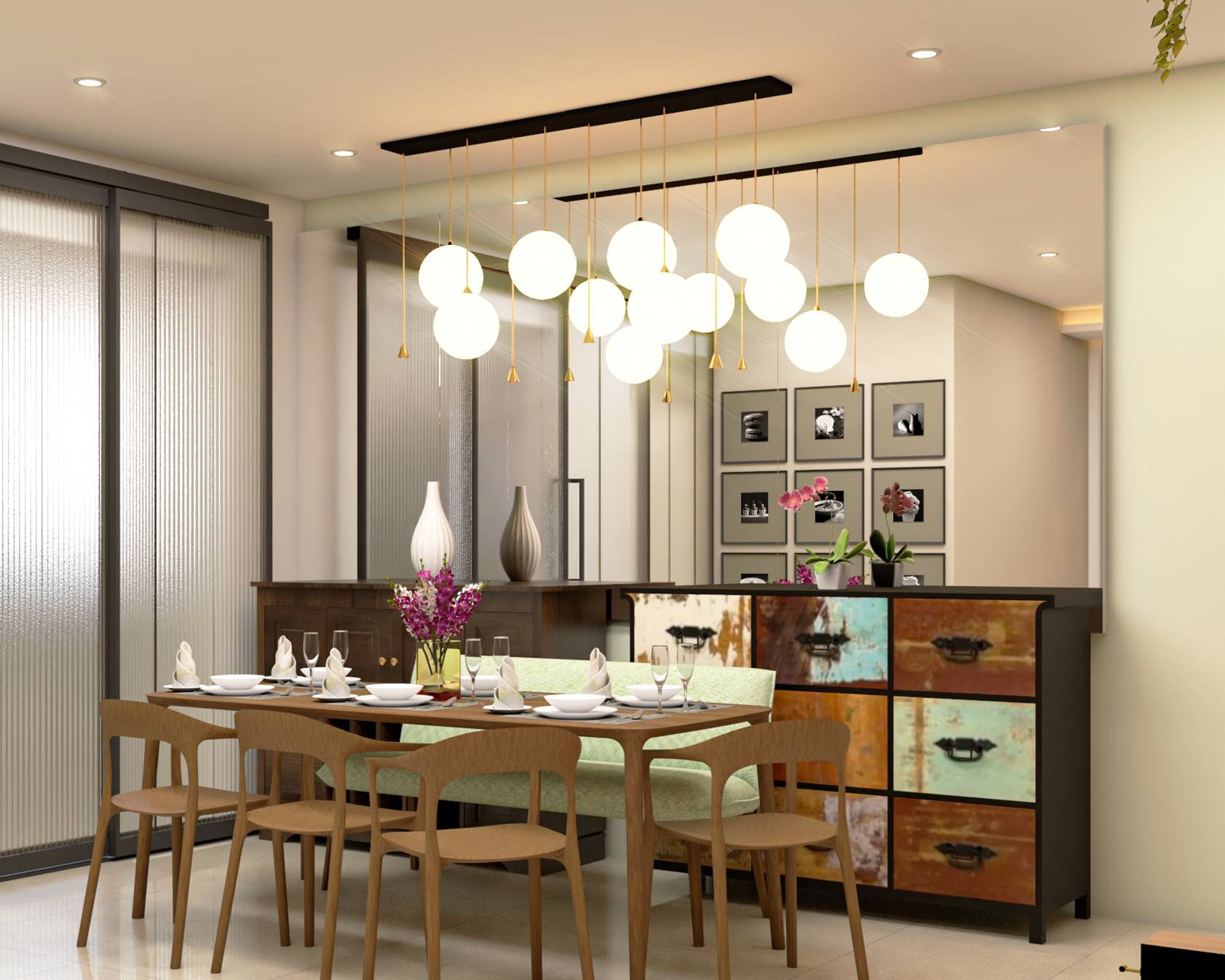 Retro Dining Room Design With Chandelier - Livspace