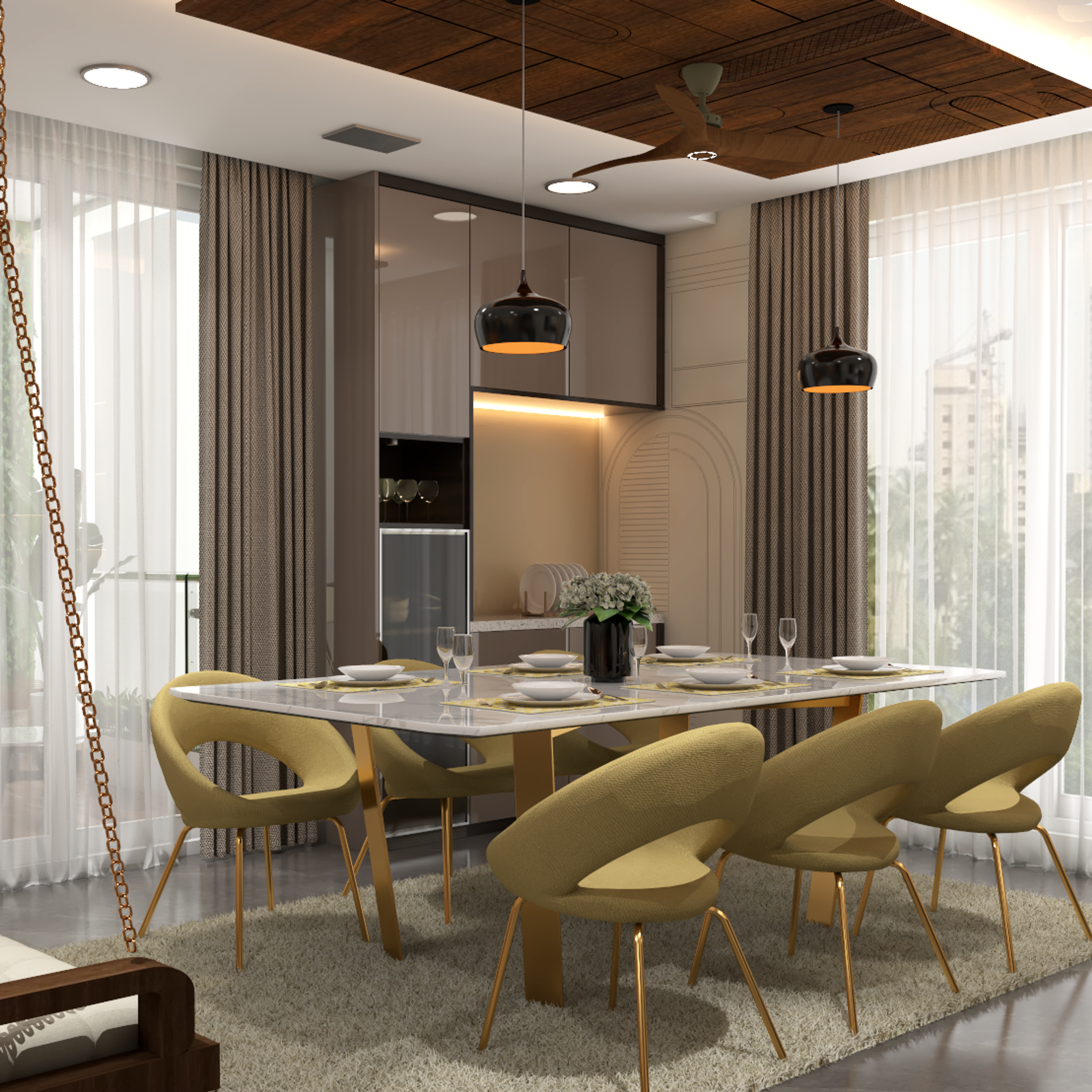 Modern 6-Seater Dining Room Design With Crockery Unit