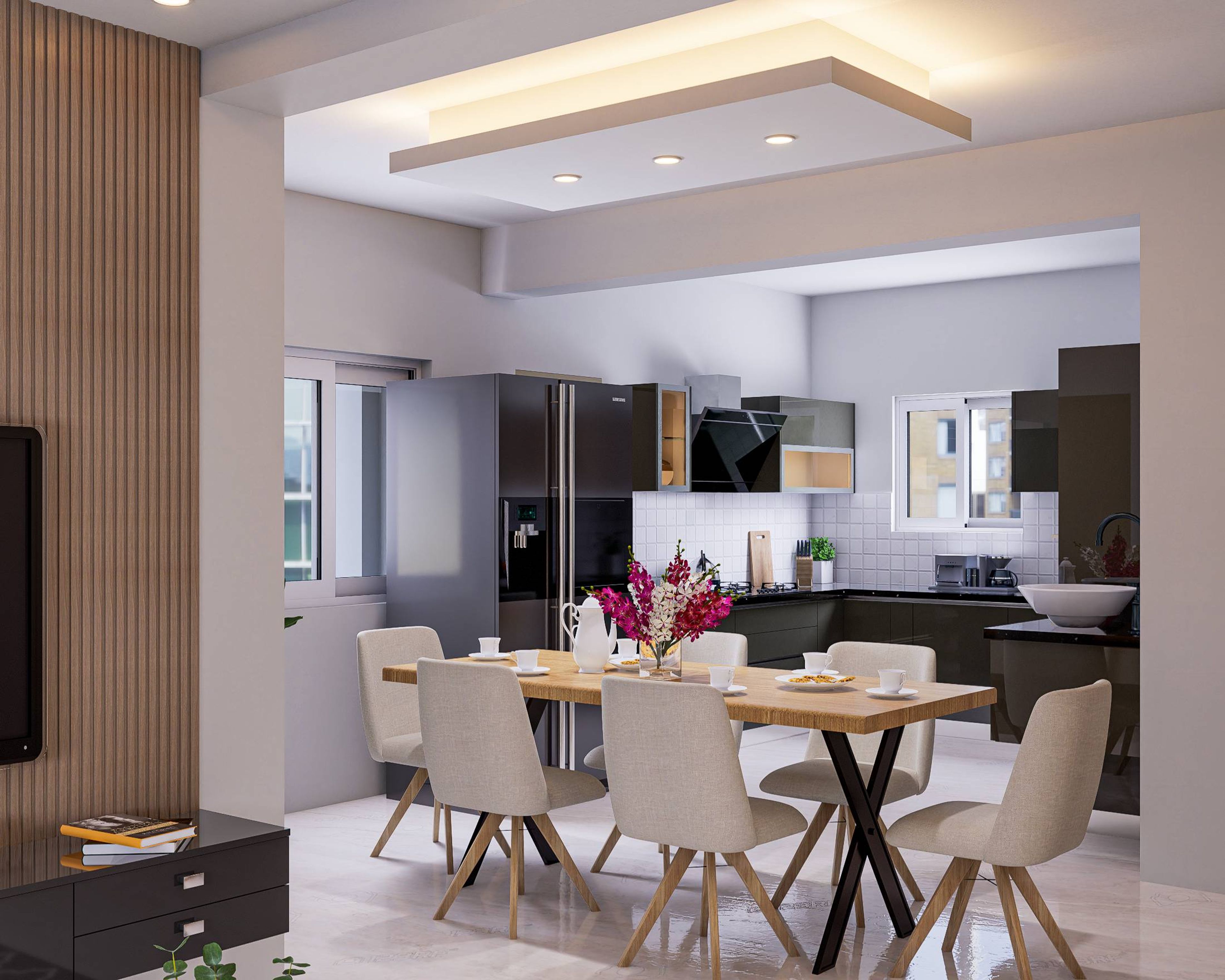 False ceiling with lights and wooden table in a well-lit room - Livspace