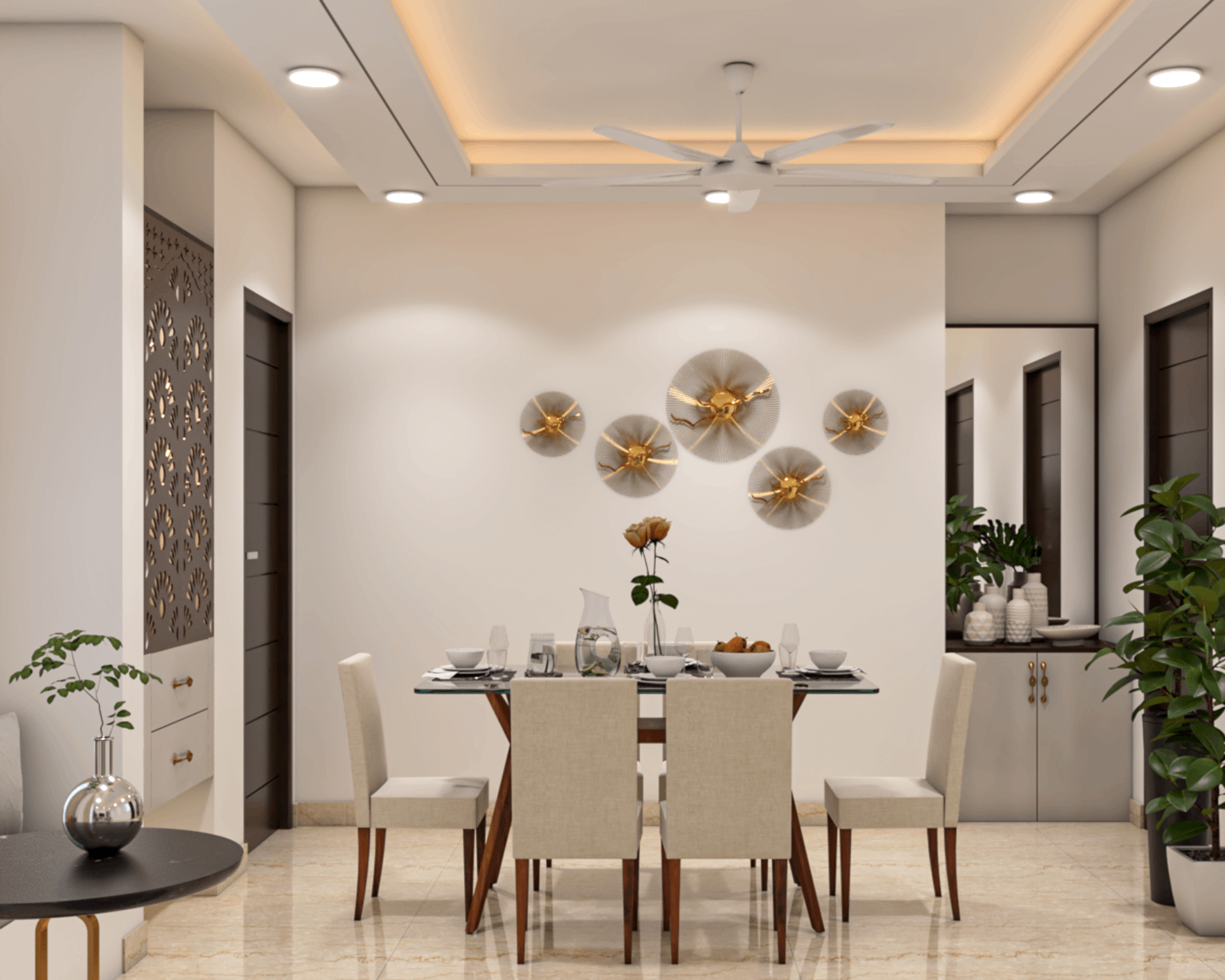 Modern 6-Seater Dining Room Design With False Ceiling