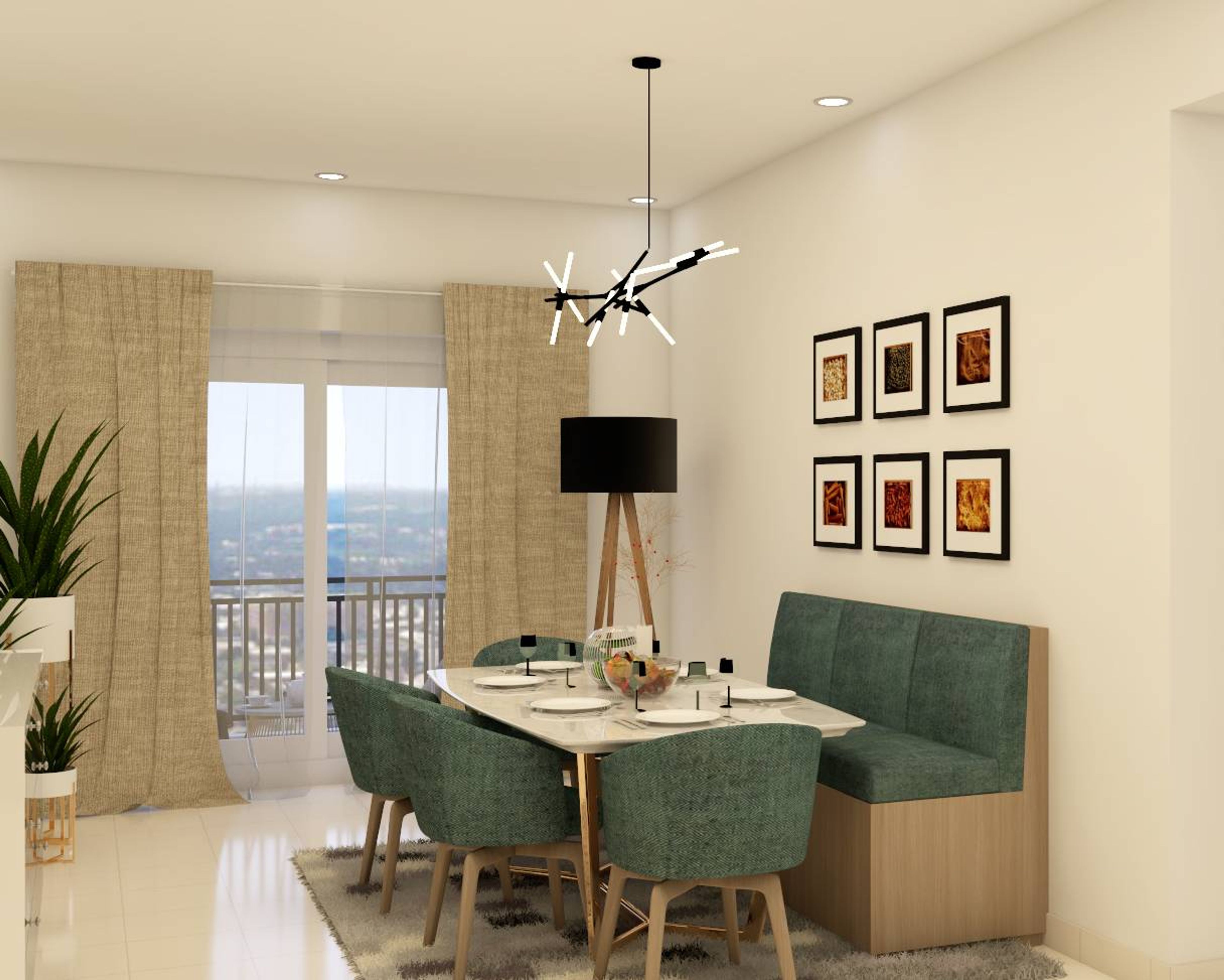 Modern Dining Hall Design With Four Chairs And A Bench